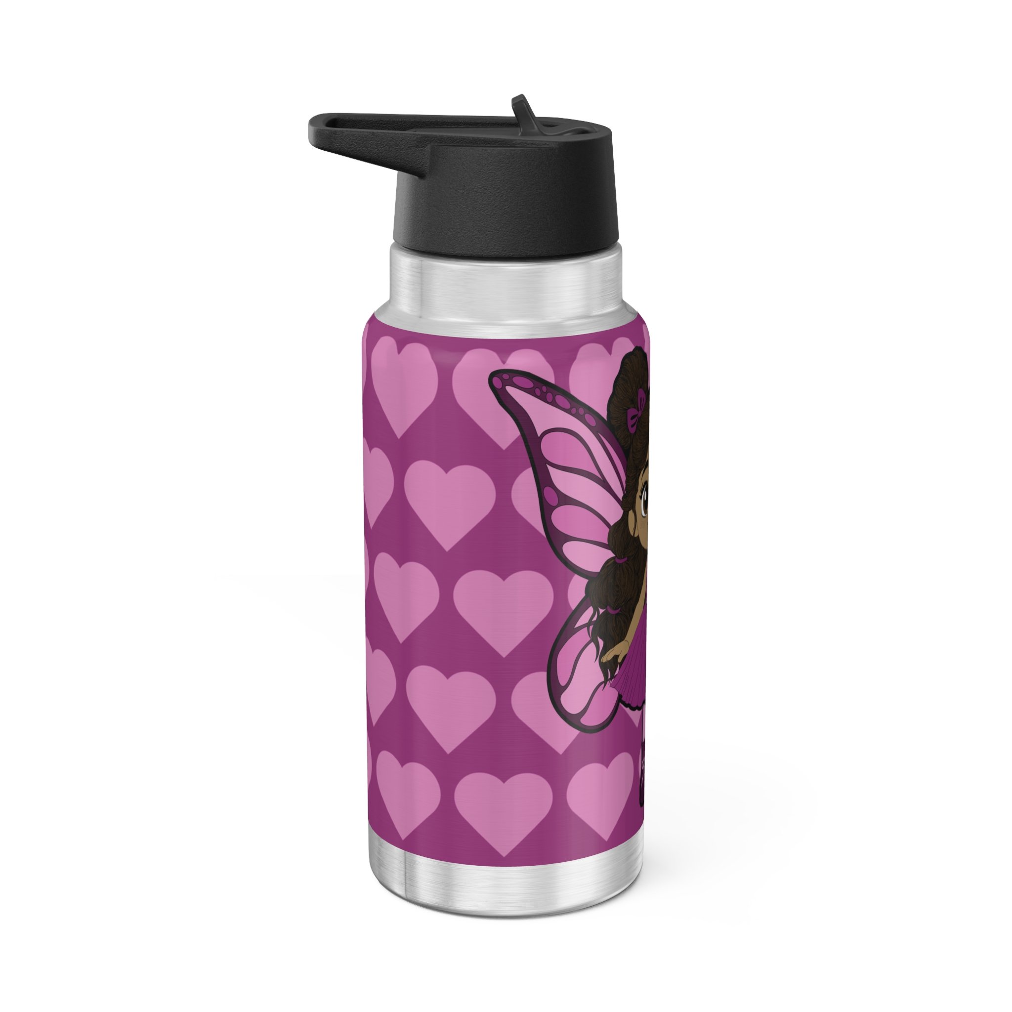 Fiona Flutter Pixie Stainless Steel Water Bottle by Coco Pixies. Magenta heart pattern, 32oz insulated tumbler with Black pixie character artwork and leak-resistant flip-top lid.
