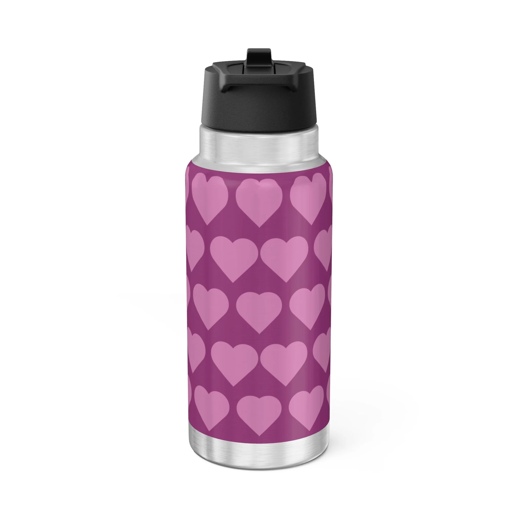 Fiona Flutter Pixie Stainless Steel Water Bottle by Coco Pixies. Magenta heart pattern, 32oz insulated tumbler with Black pixie character artwork and leak-resistant flip-top lid.