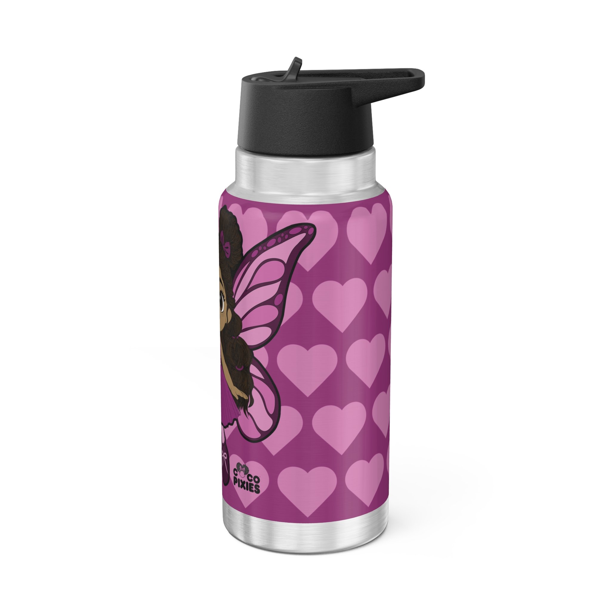 Fiona Flutter Pixie Stainless Steel Water Bottle by Coco Pixies. Magenta heart pattern, 32oz insulated tumbler with Black pixie character artwork and leak-resistant flip-top lid.