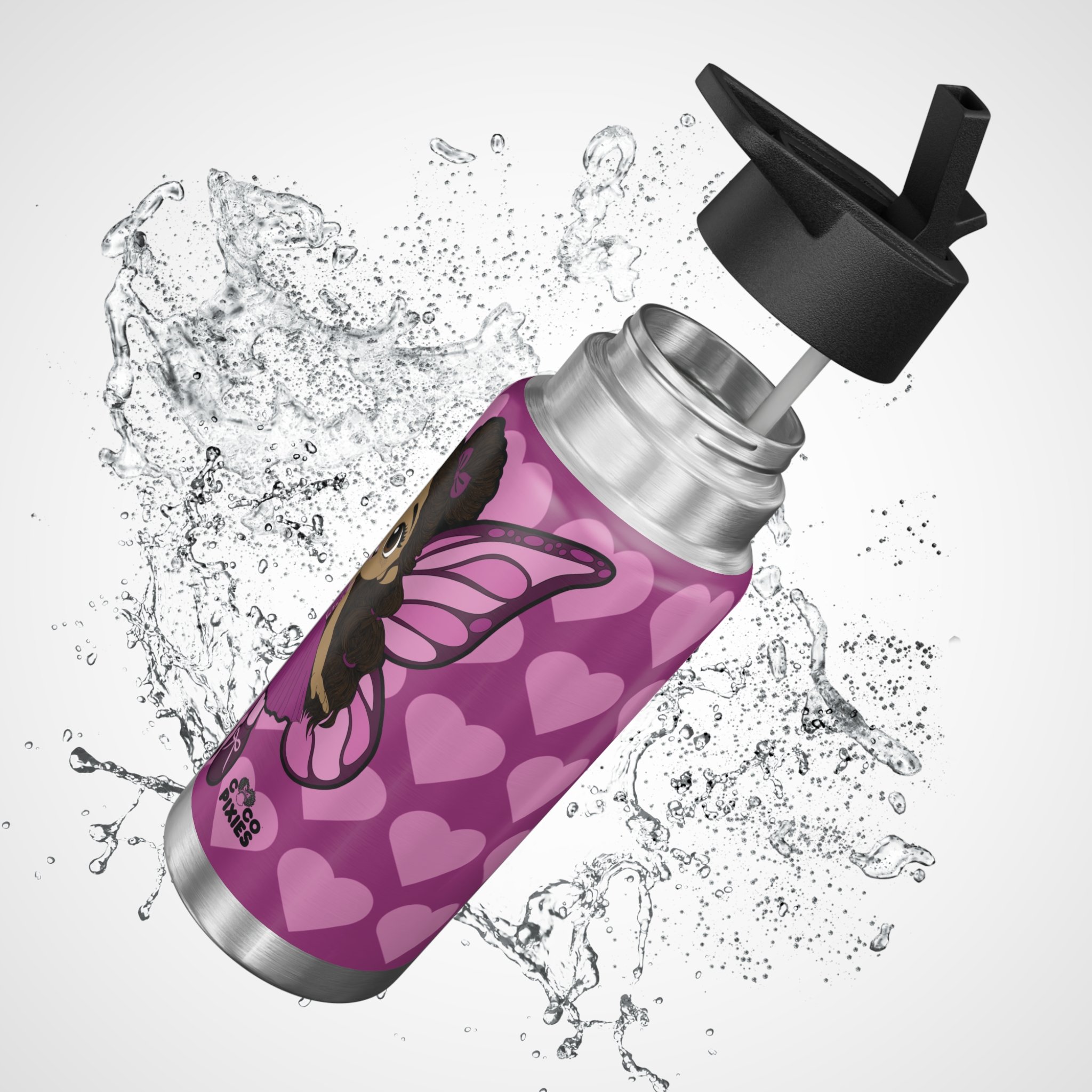 Fiona Flutter Pixie Stainless Steel Water Bottle by Coco Pixies. Magenta heart pattern, 32oz insulated tumbler with Black pixie character artwork and leak-resistant flip-top lid.