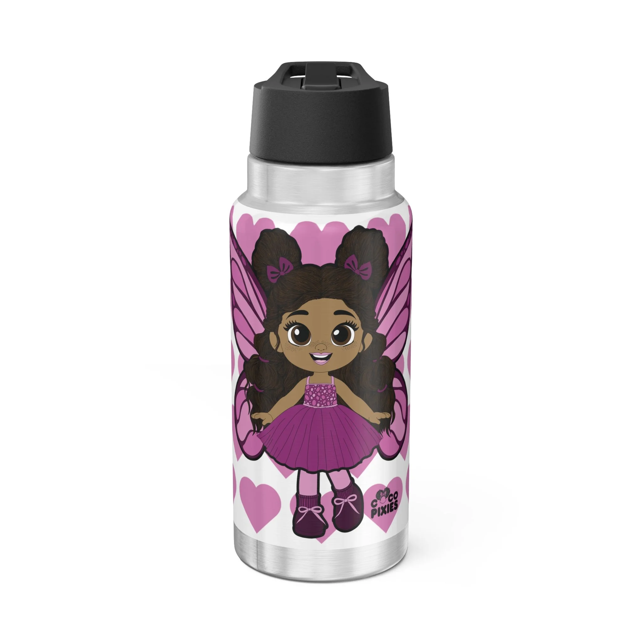 Fiona Flutter Pixie Stainless Steel Water Bottle by Coco Pixies. Signature heart pattern, 32oz insulated tumbler with whimsical Black pixie artwork and leak-resistant flip-top lid.