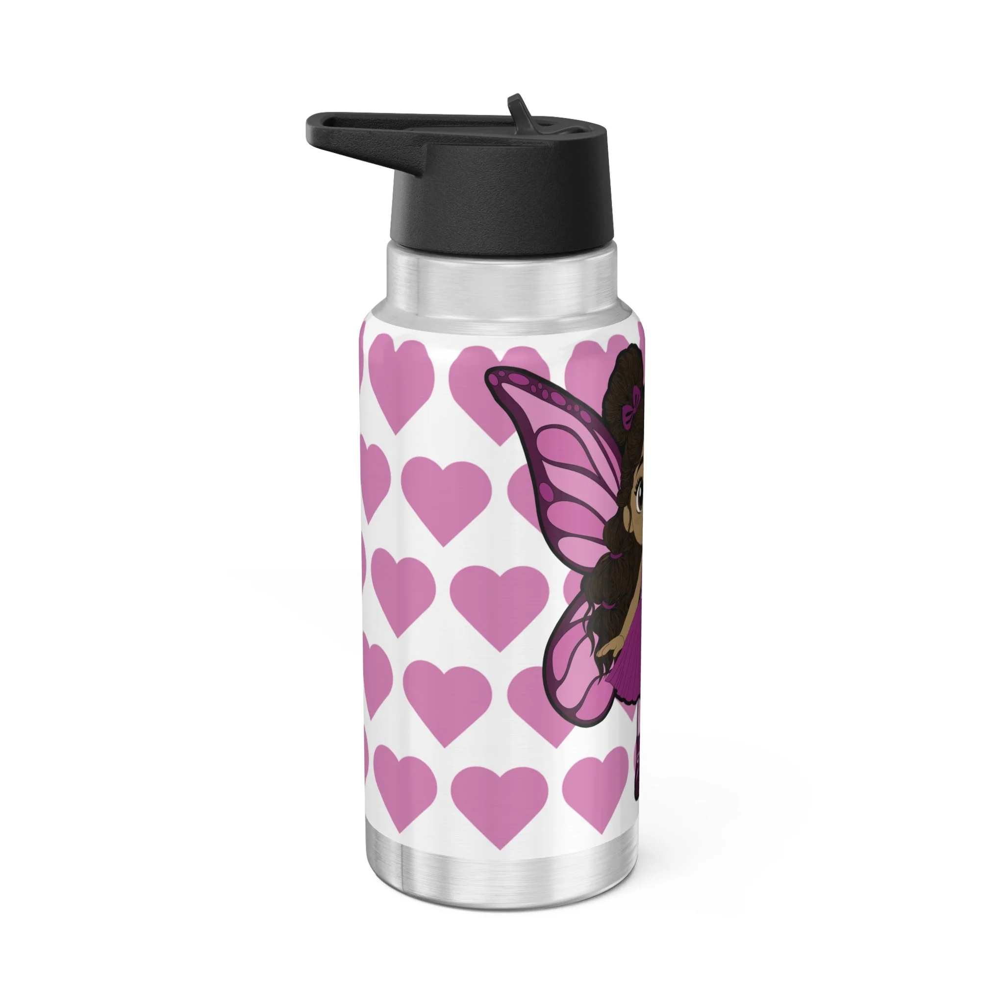 Fiona Flutter Pixie Stainless Steel Water Bottle by Coco Pixies. Signature heart pattern, 32oz insulated tumbler with whimsical Black pixie artwork and leak-resistant flip-top lid.