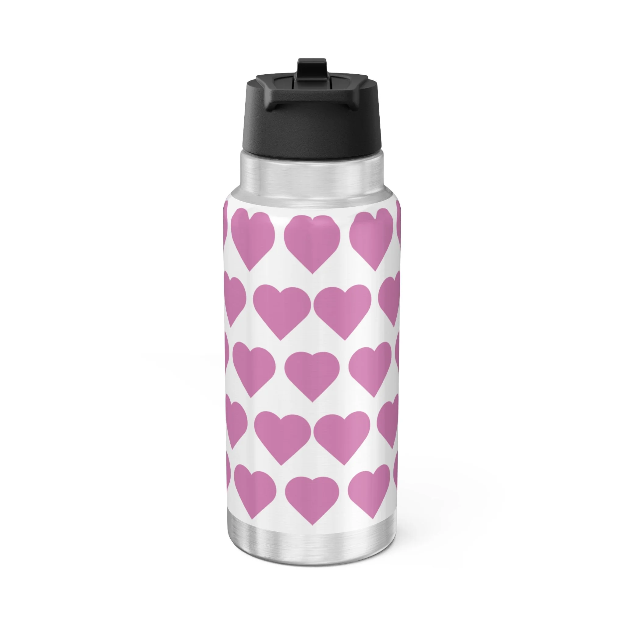 Fiona Flutter Pixie Stainless Steel Water Bottle by Coco Pixies. Signature heart pattern, 32oz insulated tumbler with whimsical Black pixie artwork and leak-resistant flip-top lid.
