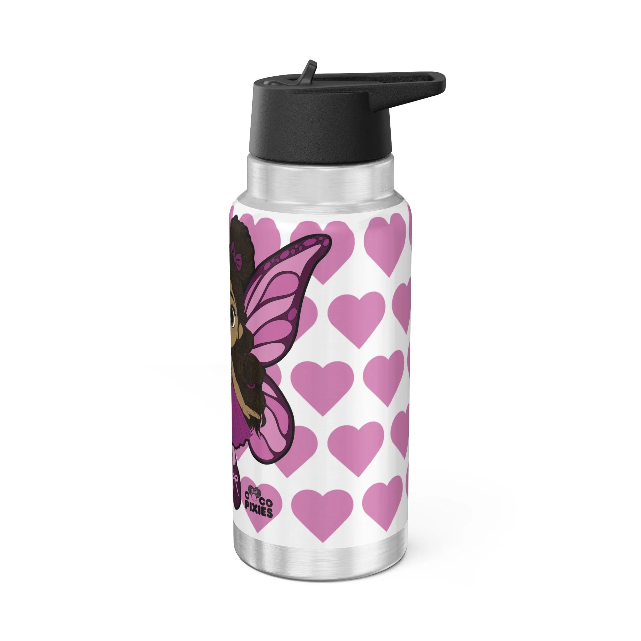 Fiona Flutter Pixie Stainless Steel Water Bottle by Coco Pixies. Signature heart pattern, 32oz insulated tumbler with whimsical Black pixie artwork and leak-resistant flip-top lid.