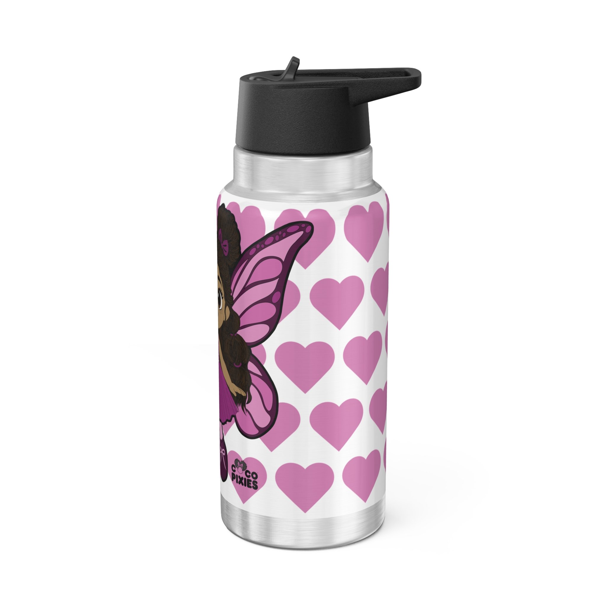 Fiona Flutter Pixie Stainless Steel Water Bottle by Coco Pixies. Signature heart pattern, 32oz insulated tumbler with whimsical Black pixie artwork and leak-resistant flip-top lid.