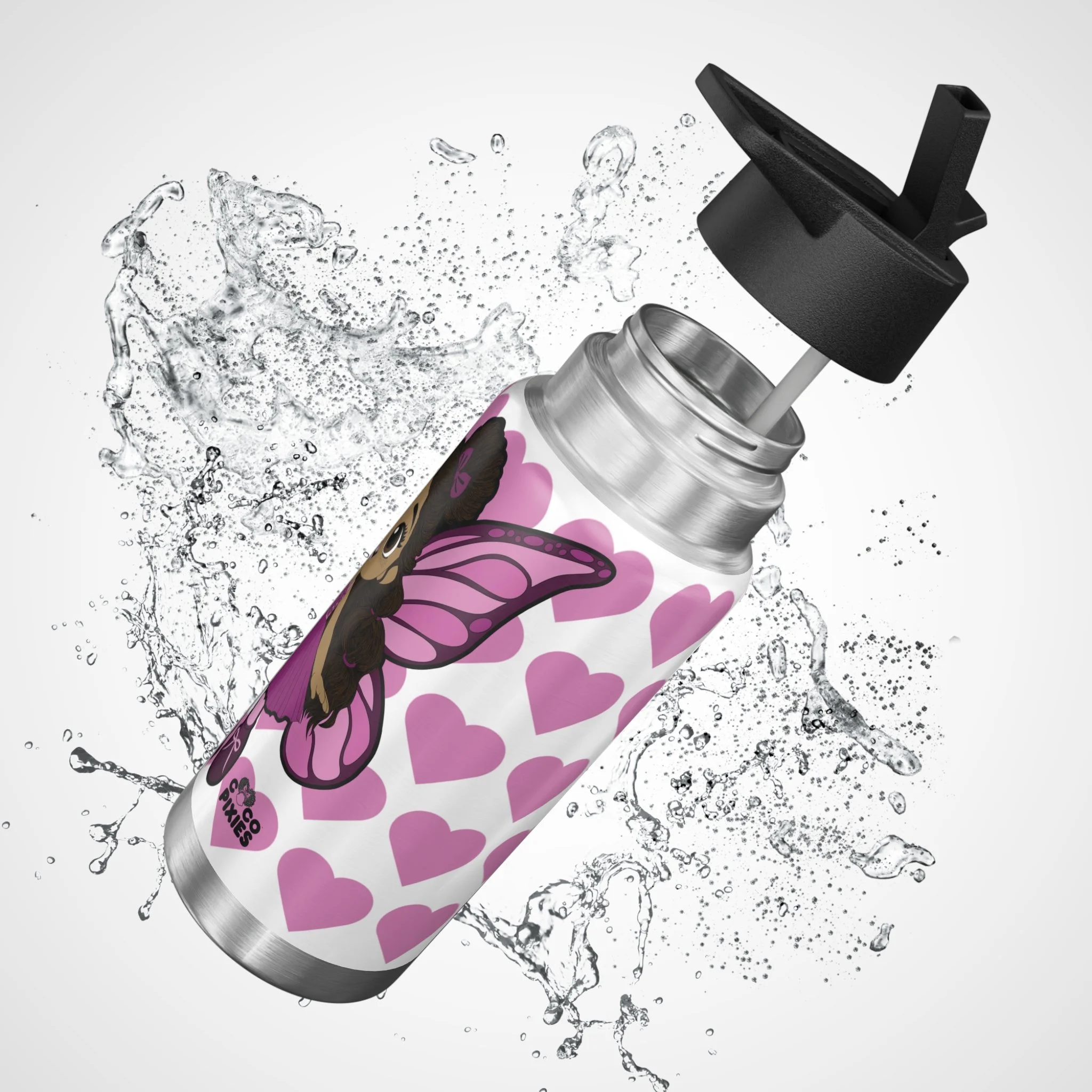 Fiona Flutter Pixie Stainless Steel Water Bottle by Coco Pixies. Signature heart pattern, 32oz insulated tumbler with whimsical Black pixie artwork and leak-resistant flip-top lid.