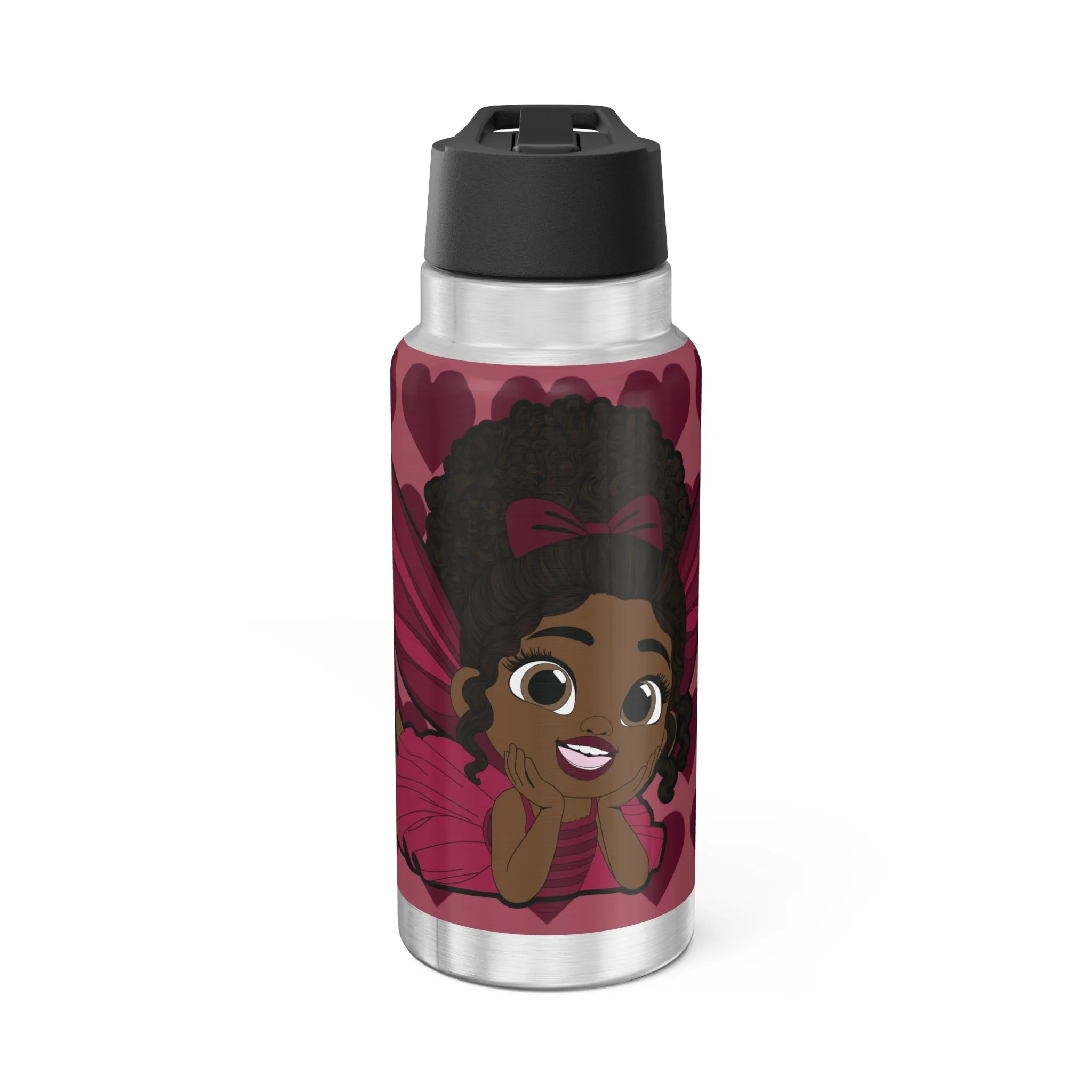 Happy Harper Pixie Stainless Steel Water Bottle - Coco Pixies Deep Rose Signature Heart Pattern 32oz Tumbler