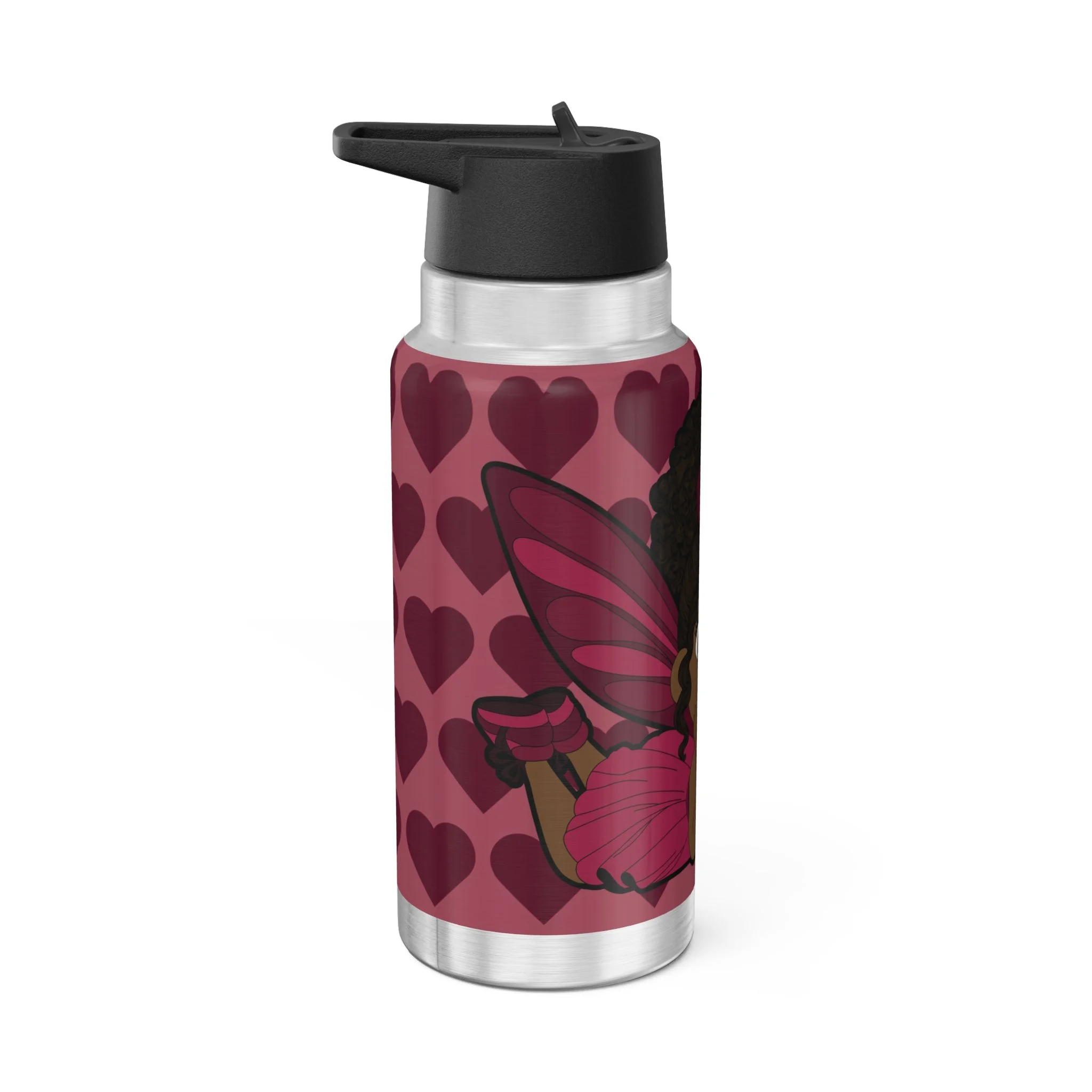 Happy Harper Pixie Stainless Steel Water Bottle by Coco Pixies. Deep rose signature heart pattern on a 32oz insulated tumbler with a flip-top lid.