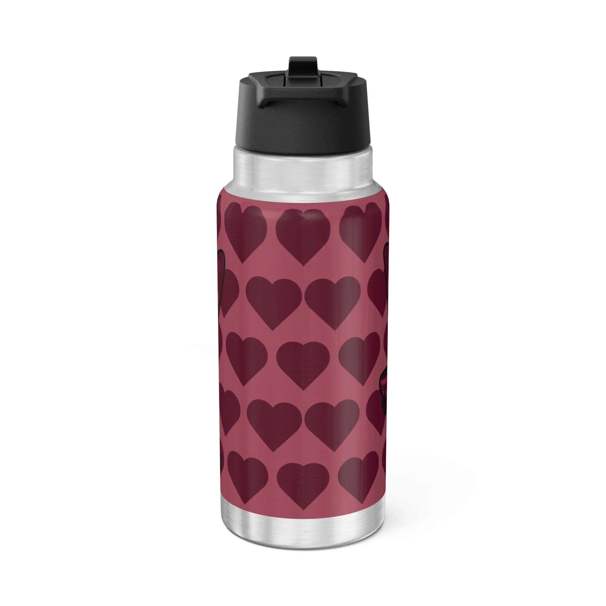 Happy Harper Pixie Stainless Steel Water Bottle by Coco Pixies. Deep rose signature heart pattern on a 32oz insulated tumbler with a flip-top lid.