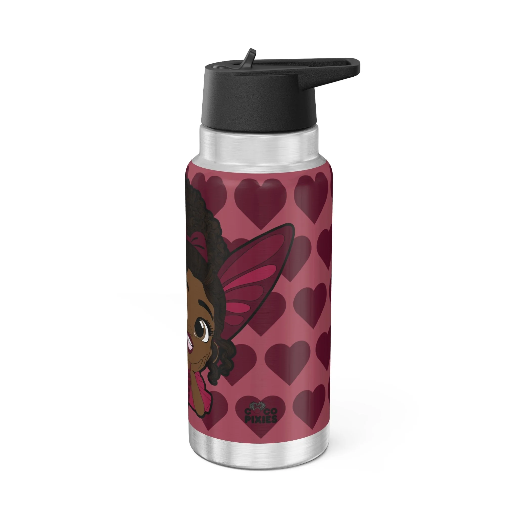 Happy Harper Pixie Stainless Steel Water Bottle by Coco Pixies. Deep rose signature heart pattern on a 32oz insulated tumbler with a flip-top lid.