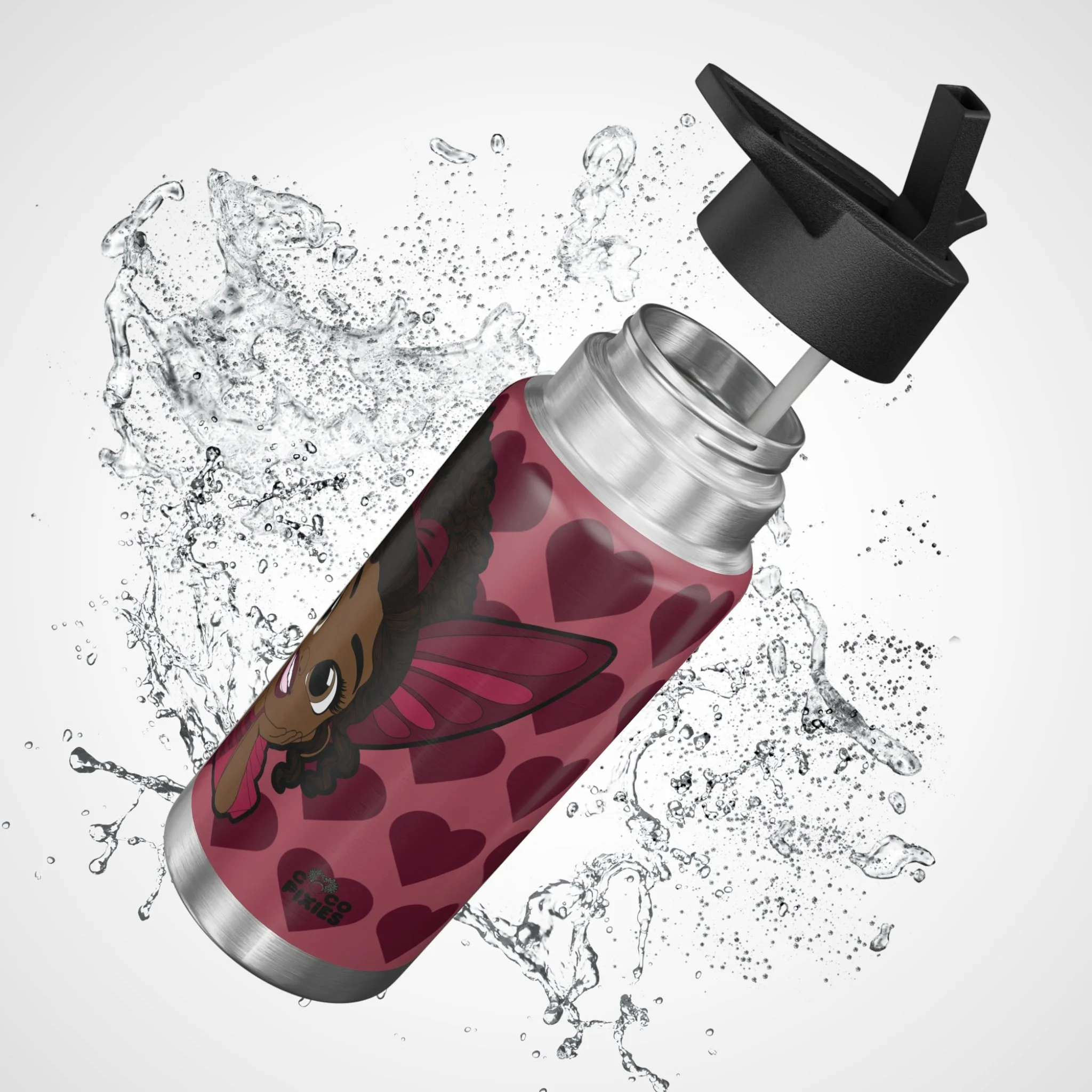 Happy Harper Pixie Stainless Steel Water Bottle by Coco Pixies. Deep rose signature heart pattern on a 32oz insulated tumbler with a flip-top lid.