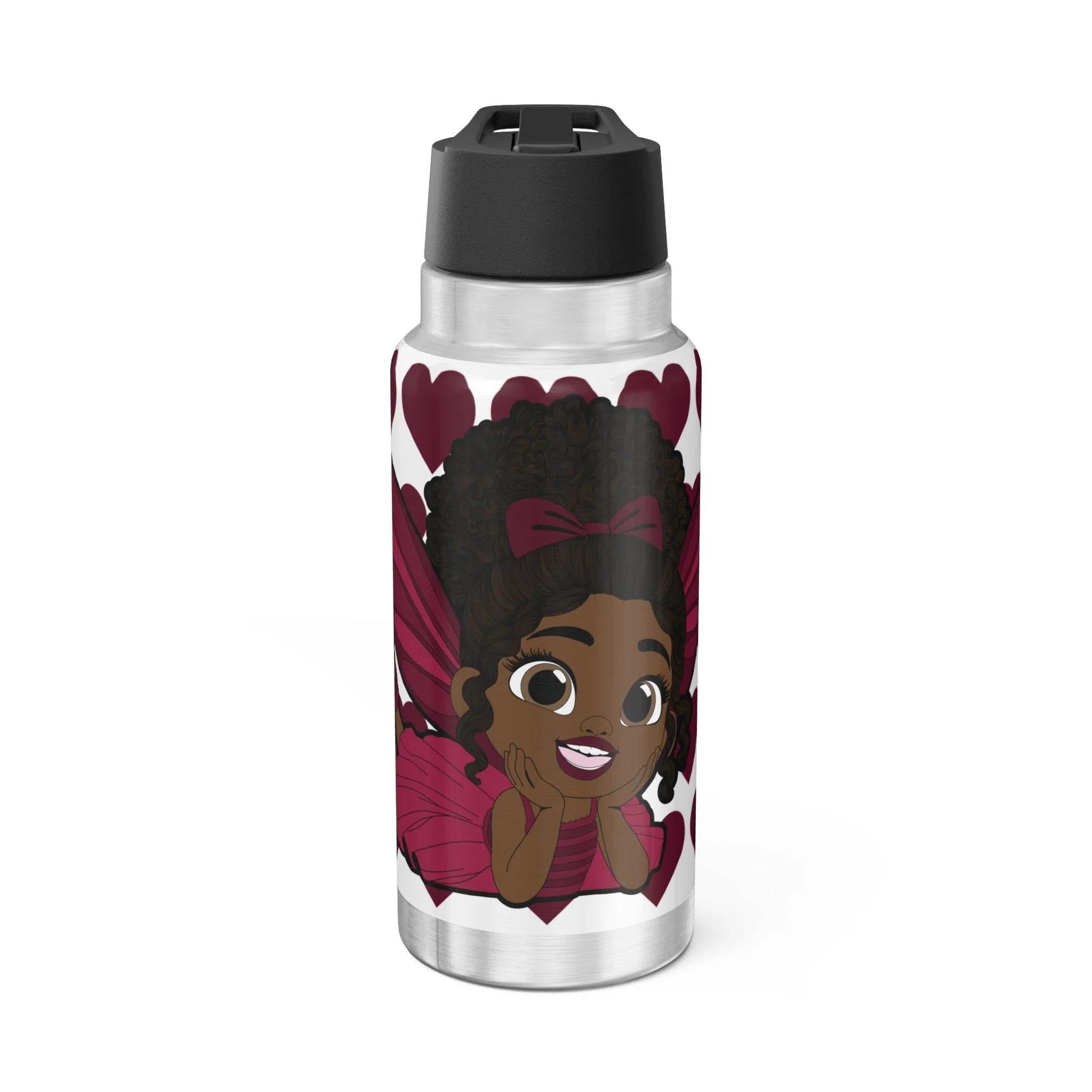 Happy Harper Pixie Stainless Steel Water Bottle by Coco Pixies featuring the Signature Heart Pattern on a 32oz insulated tumbler with a secure flip-top lid.