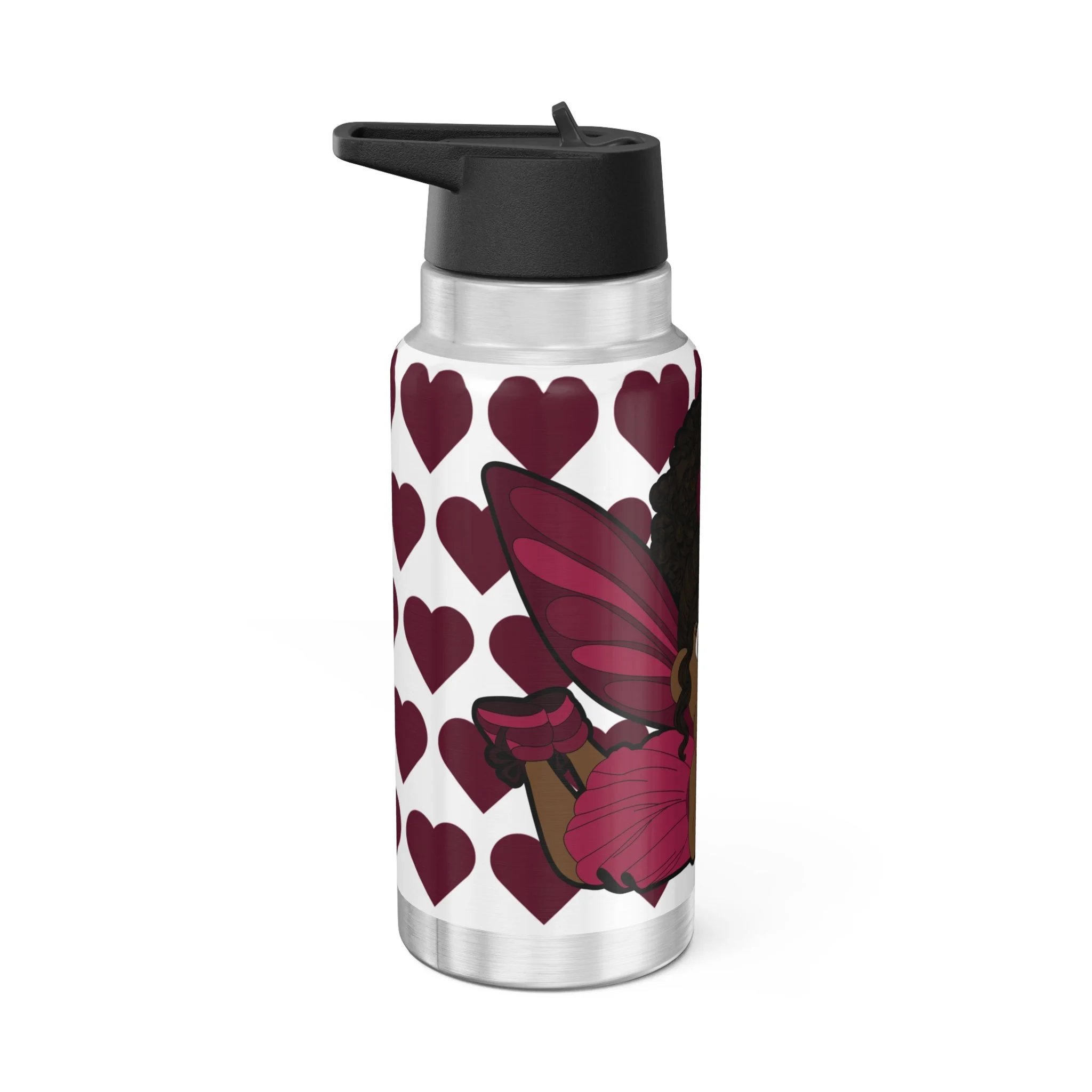Happy Harper Pixie Stainless Steel Water Bottle by Coco Pixies featuring the Signature Heart Pattern on a 32oz insulated tumbler with a secure flip-top lid.