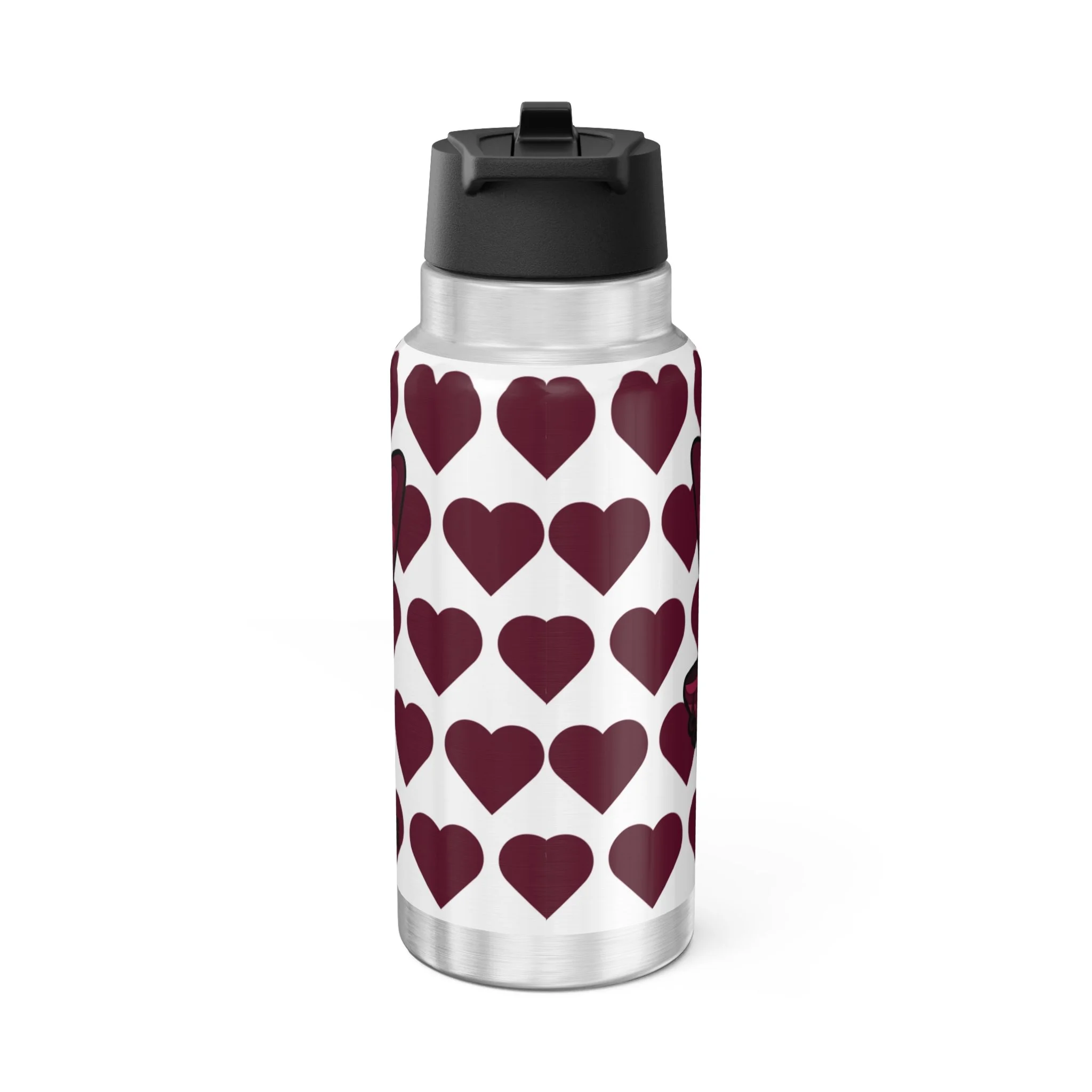 Happy Harper Pixie Stainless Steel Water Bottle by Coco Pixies featuring the Signature Heart Pattern on a 32oz insulated tumbler with a secure flip-top lid.