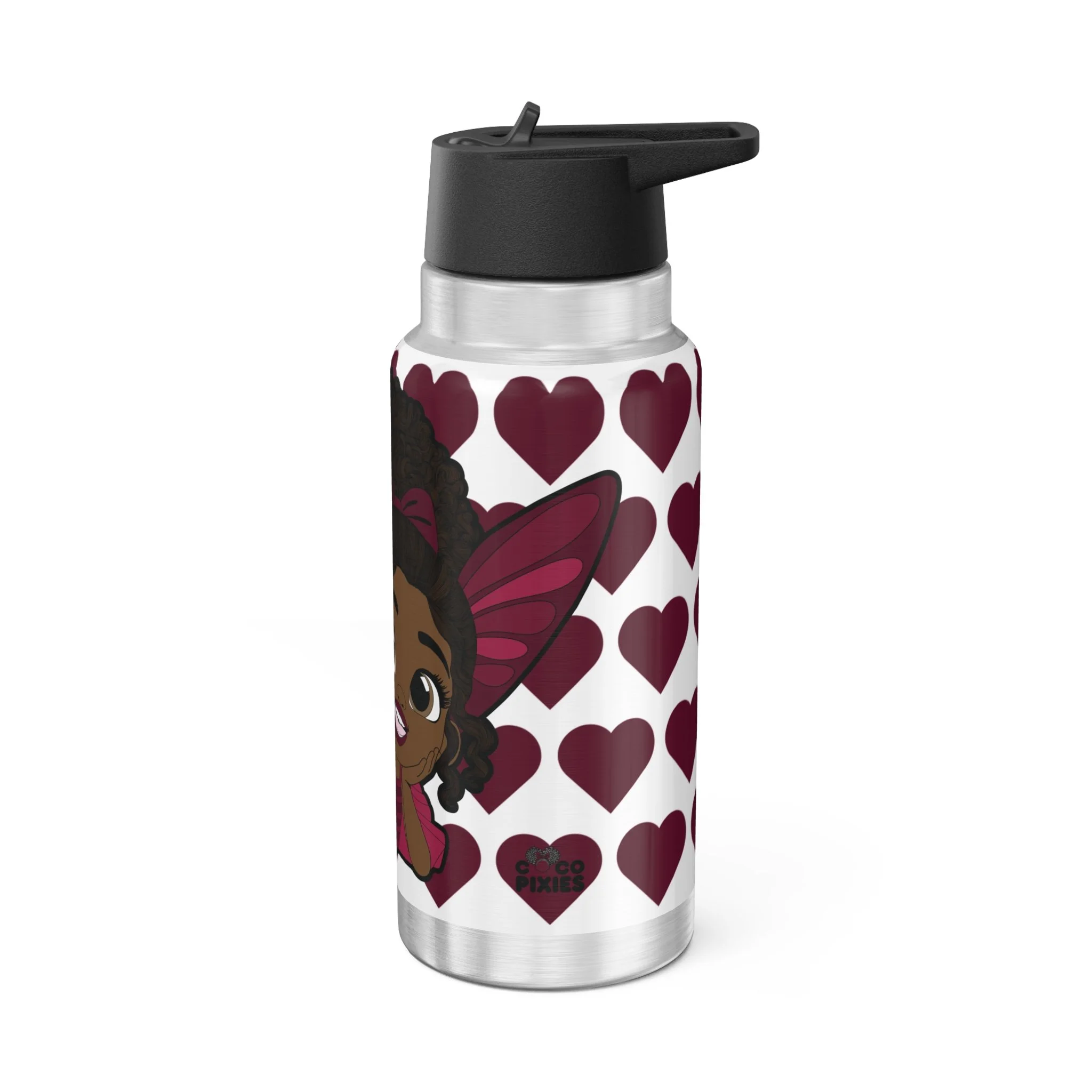 Happy Harper Pixie Stainless Steel Water Bottle by Coco Pixies featuring the Signature Heart Pattern on a 32oz insulated tumbler with a secure flip-top lid.