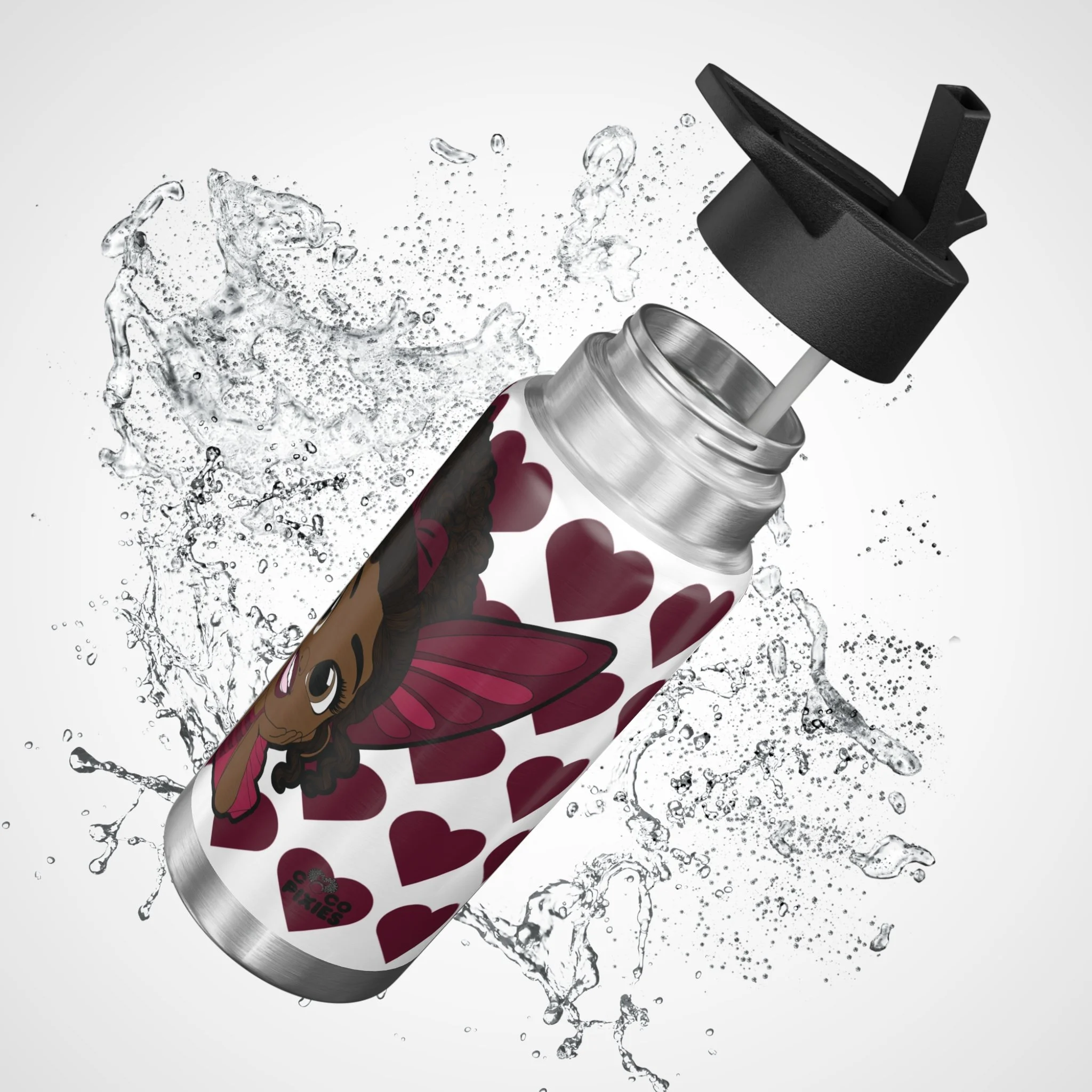 Happy Harper Pixie Stainless Steel Water Bottle by Coco Pixies featuring the Signature Heart Pattern on a 32oz insulated tumbler with a secure flip-top lid.