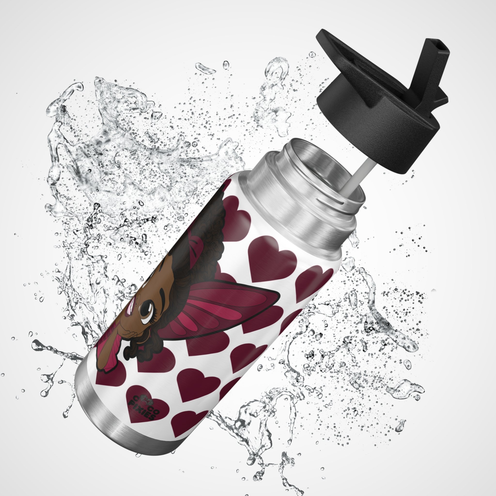 Happy Harper Pixie Stainless Steel Water Bottle by Coco Pixies featuring the Signature Heart Pattern on a 32oz insulated tumbler with a secure flip-top lid.