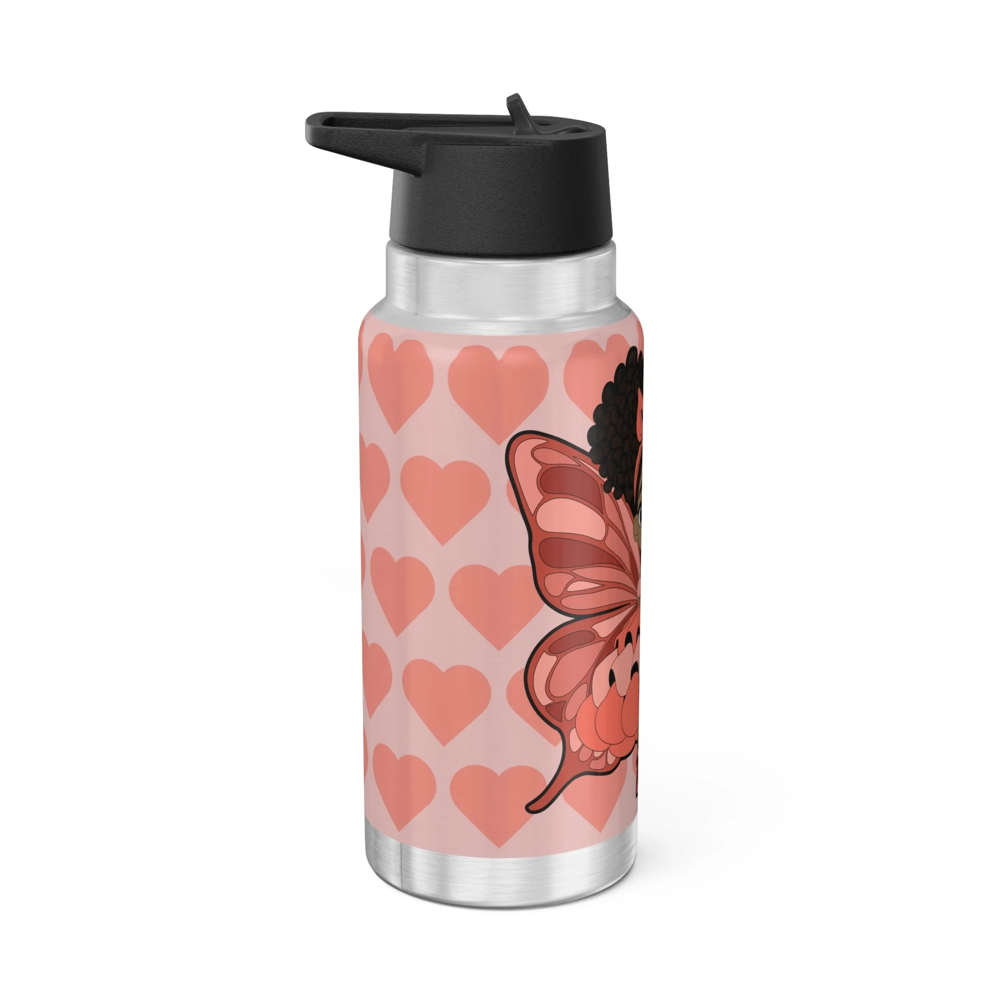 Coco Pixies Lovely Layla stainless steel tumbler with coral heart design, afro puffs, wings, and black lid