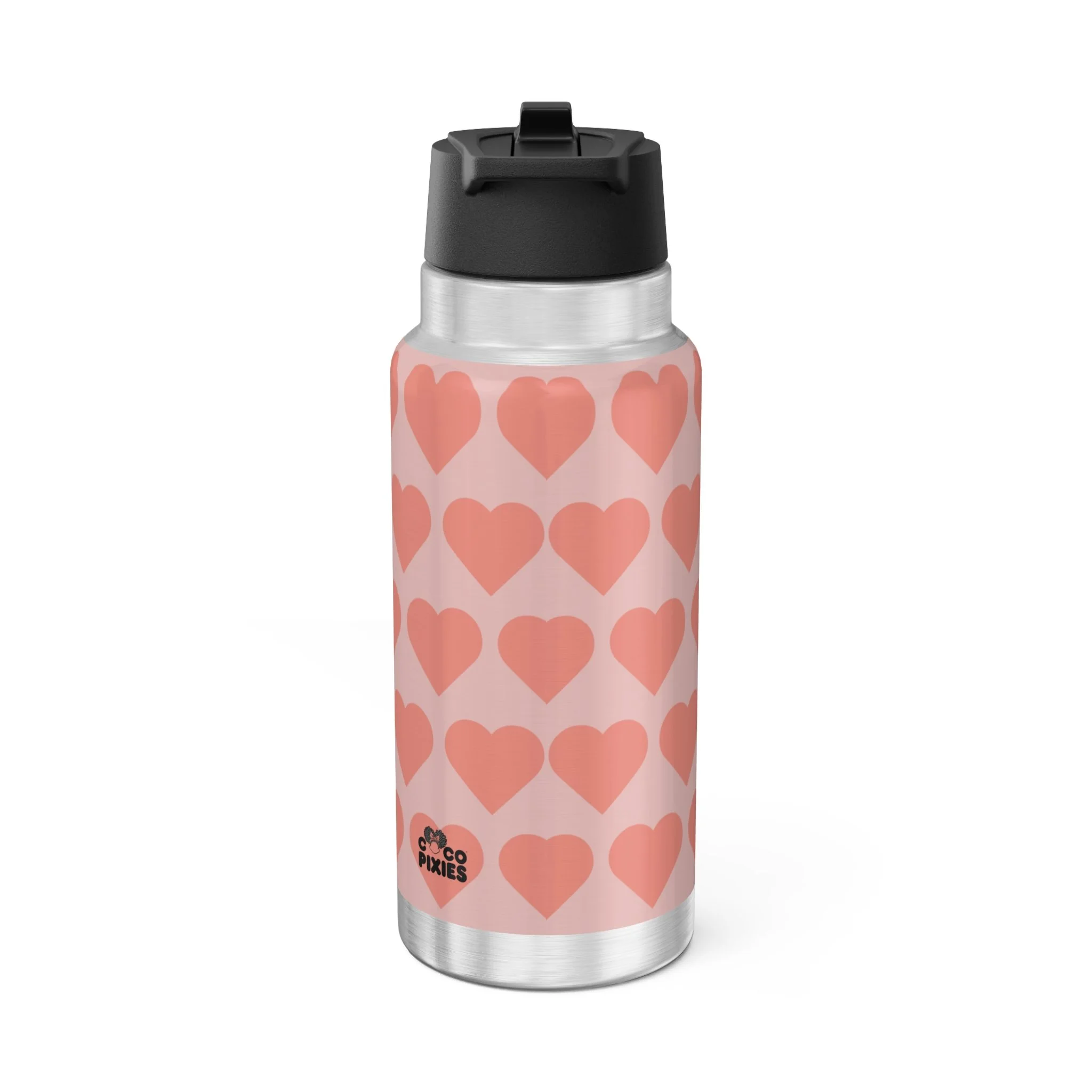 Coco Pixies Lovely Layla stainless steel tumbler with coral heart design, afro puffs, wings, and black lid