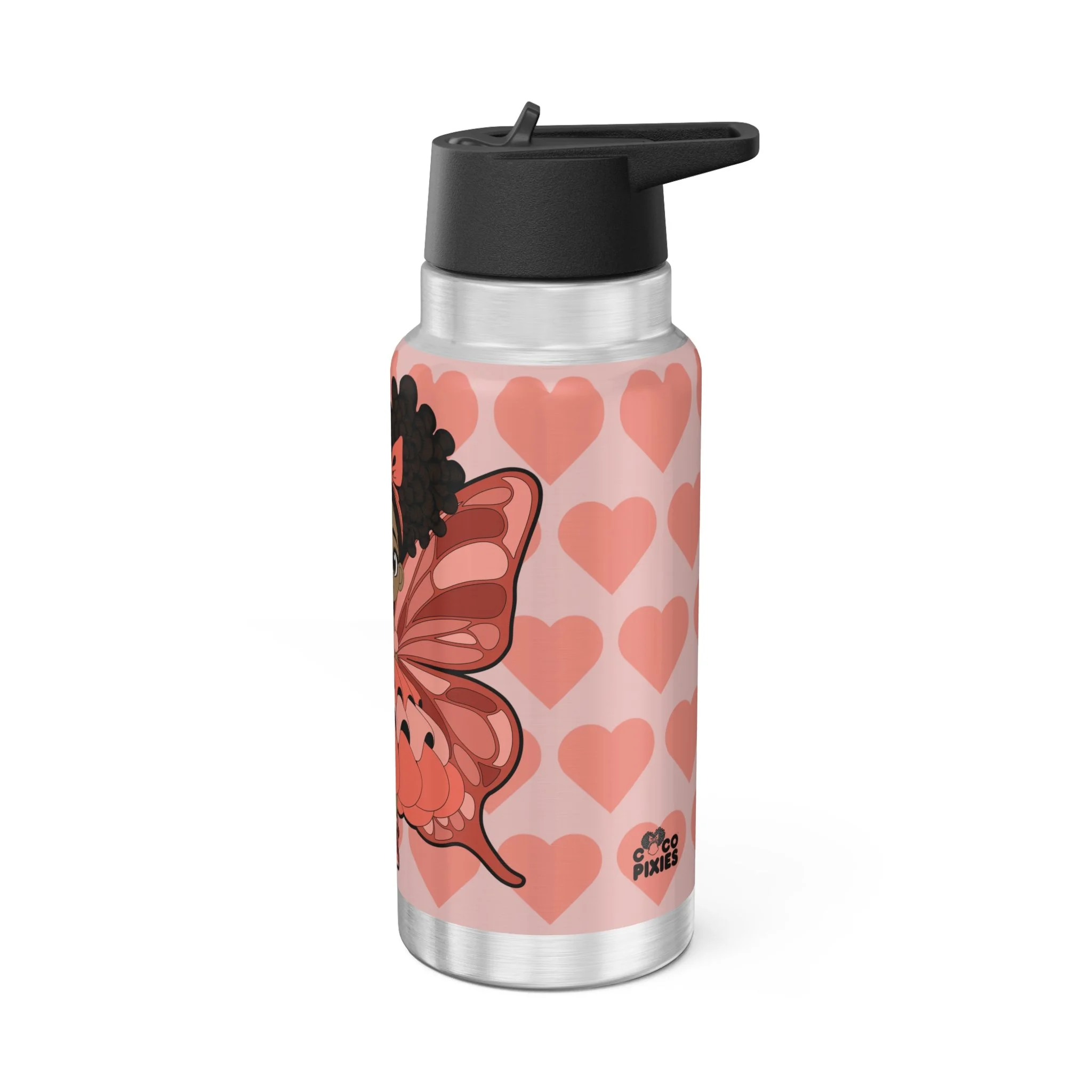 Coco Pixies Lovely Layla stainless steel tumbler with coral heart design, afro puffs, wings, and black lid