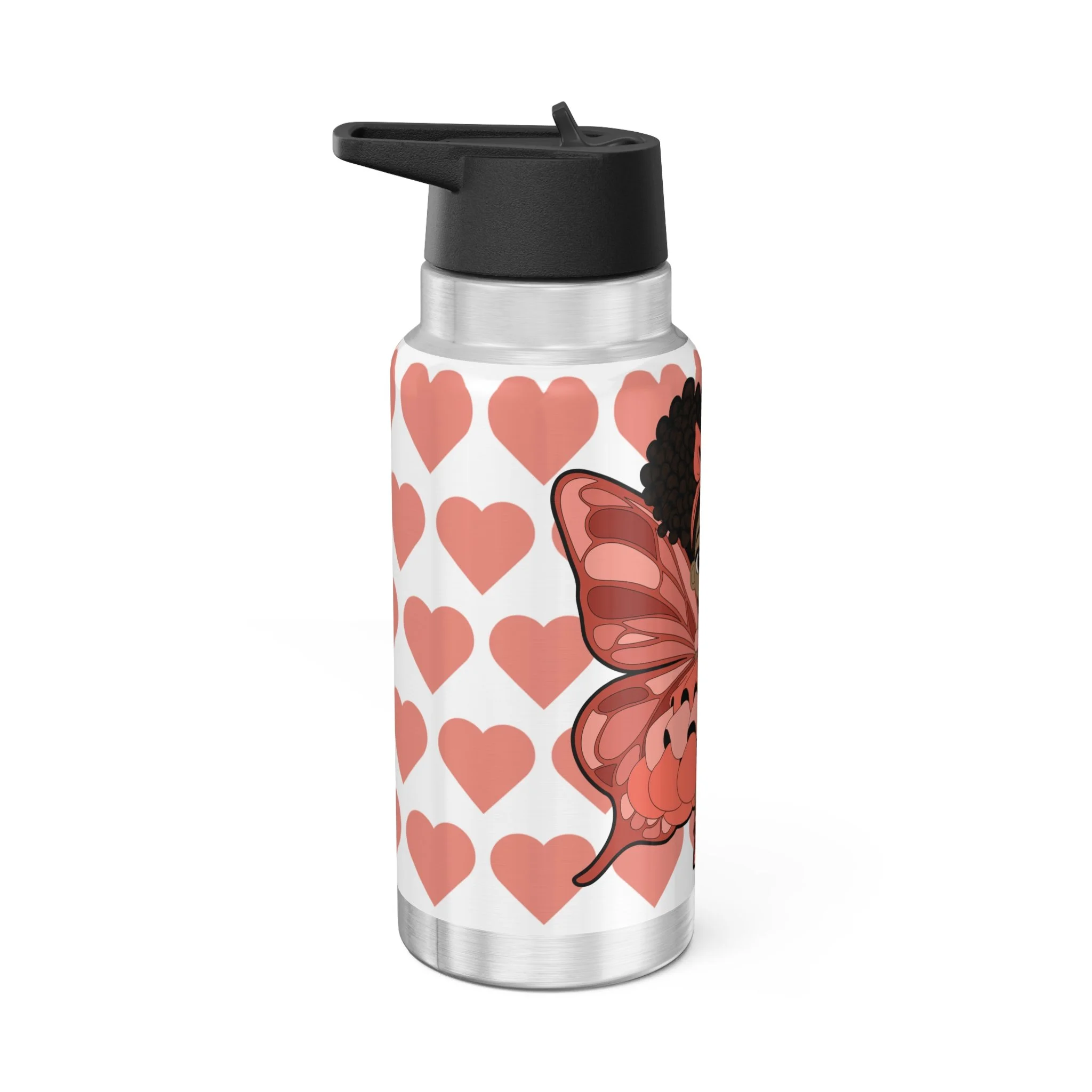 Lovely Layla Pixie reusable stainless steel water bottle with coral heart design on a white background