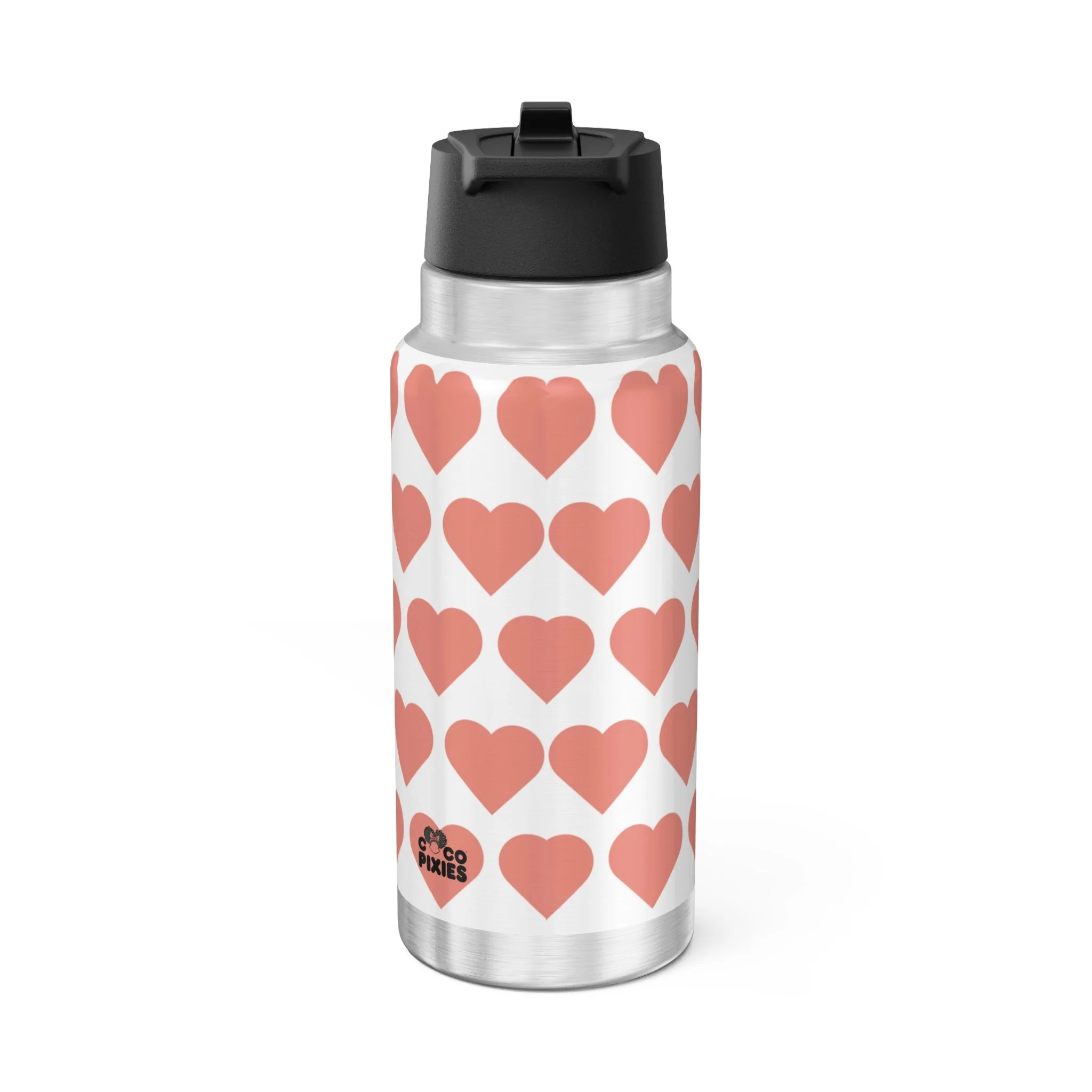 Lovely Layla Pixie reusable stainless steel water bottle with coral heart design on a white background