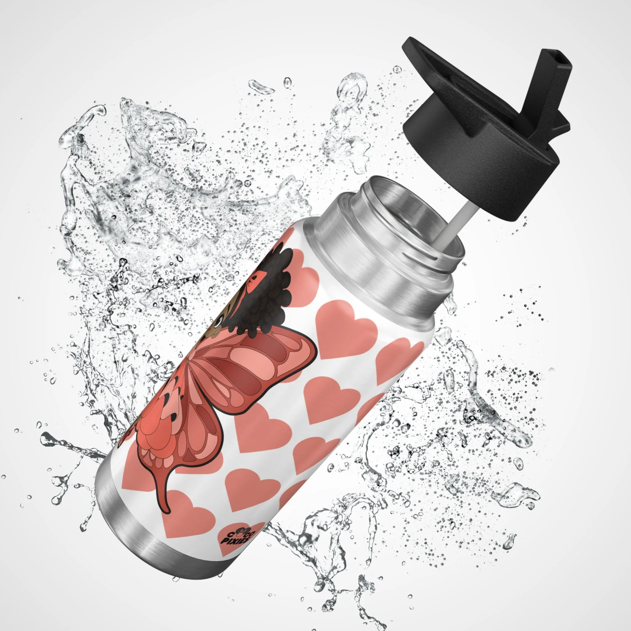 Lovely Layla Pixie reusable stainless steel water bottle with coral heart design on a white background