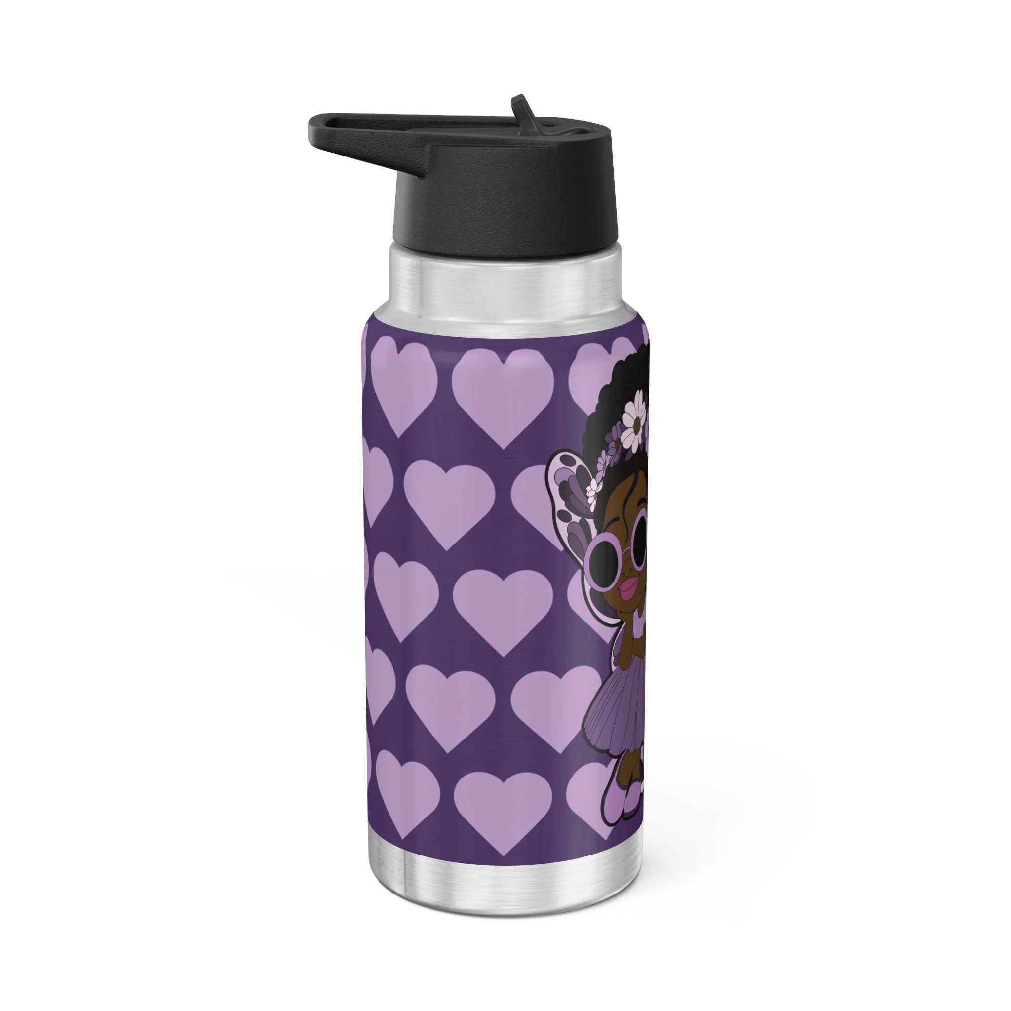 Marvelous Mia Pixie stainless steel water bottle with purple COCO PIXIES heart pattern, floral crown, sunglasses and wings, 32oz tumbler