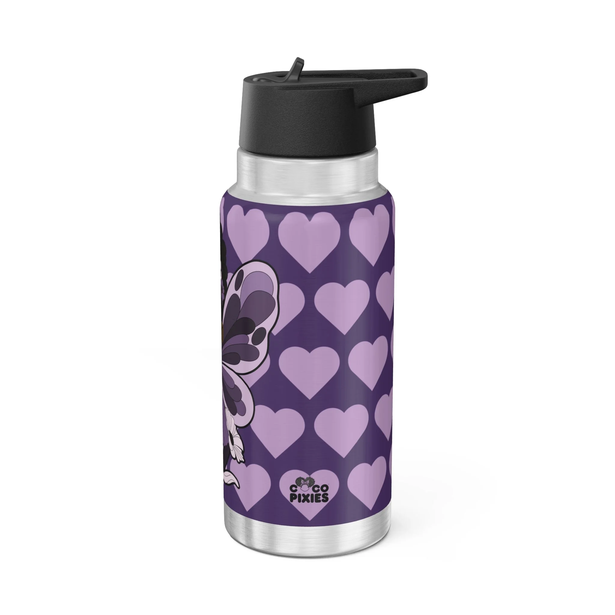 Marvelous Mia Pixie stainless steel water bottle with purple COCO PIXIES heart pattern, floral crown, sunglasses and wings, 32oz tumbler