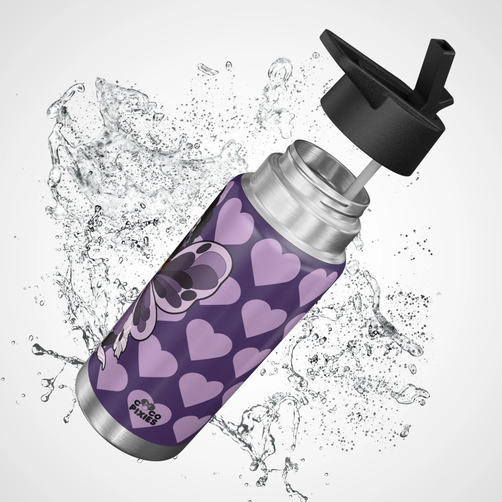 Marvelous Mia Pixie stainless steel water bottle with purple COCO PIXIES heart pattern, floral crown, sunglasses and wings, 32oz tumbler