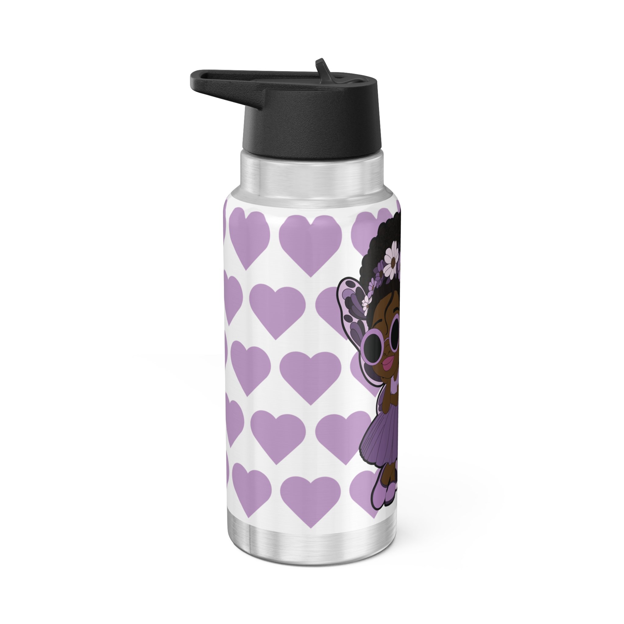 Marvelous Mia Pixie 32oz stainless steel water bottle with purple COCO PIXIES heart pattern, floral crown, sunglasses and wings