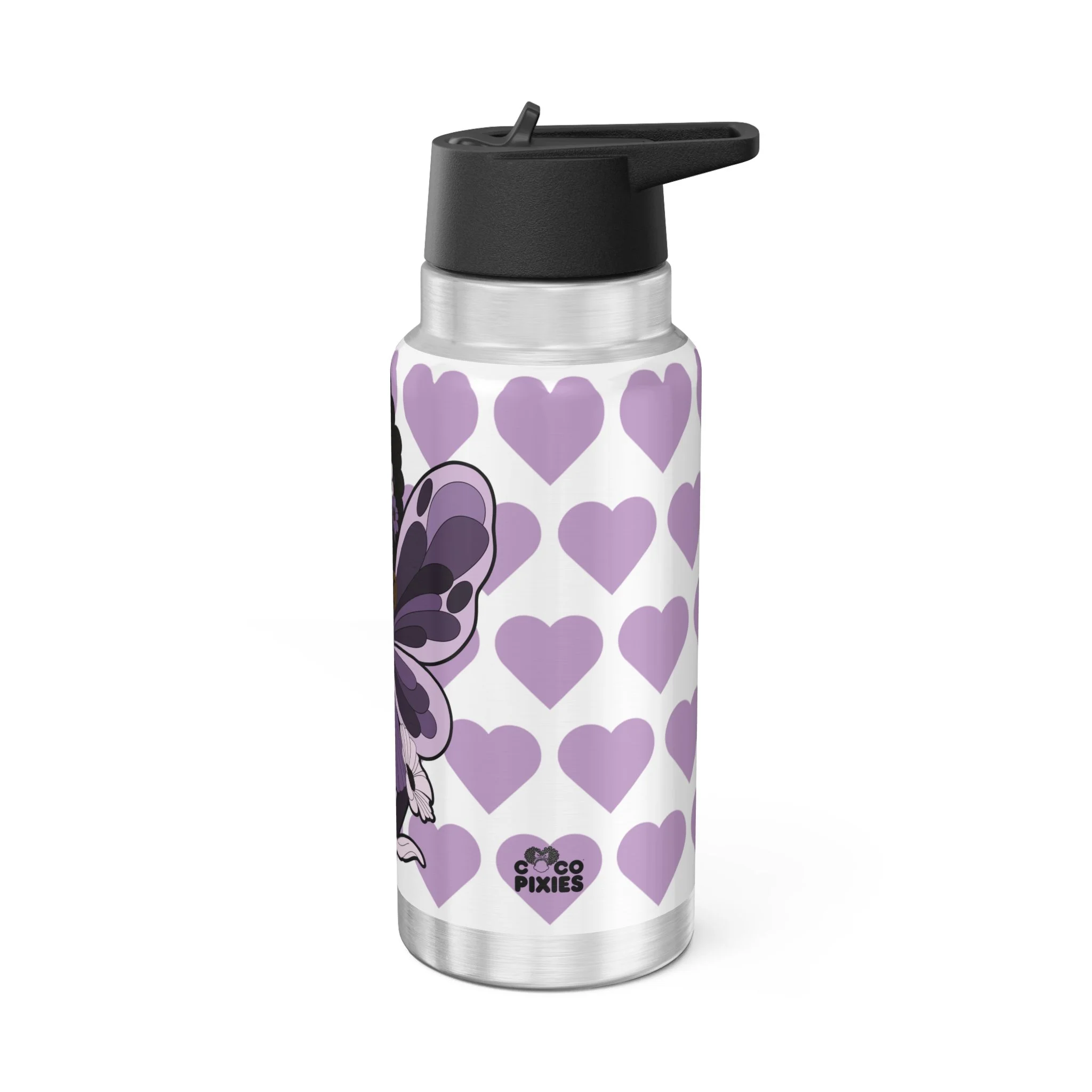 Marvelous Mia Pixie 32oz stainless steel water bottle with purple COCO PIXIES heart pattern, floral crown, sunglasses and wings