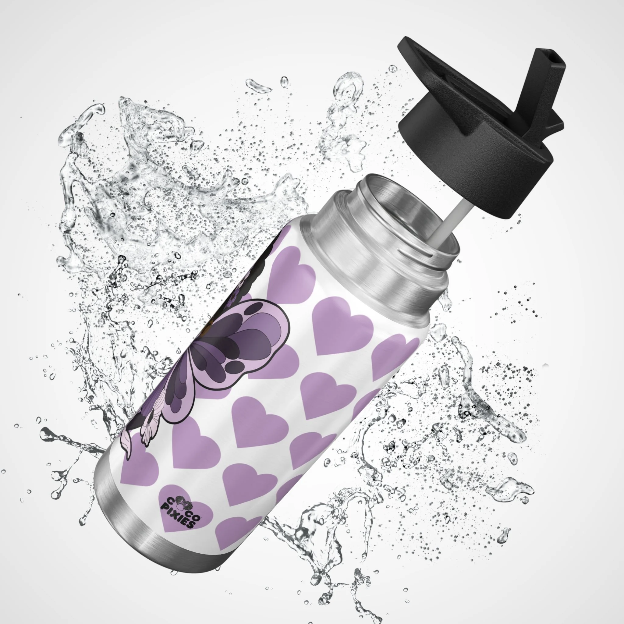 Marvelous Mia Pixie 32oz stainless steel water bottle with purple COCO PIXIES heart pattern, floral crown, sunglasses and wings