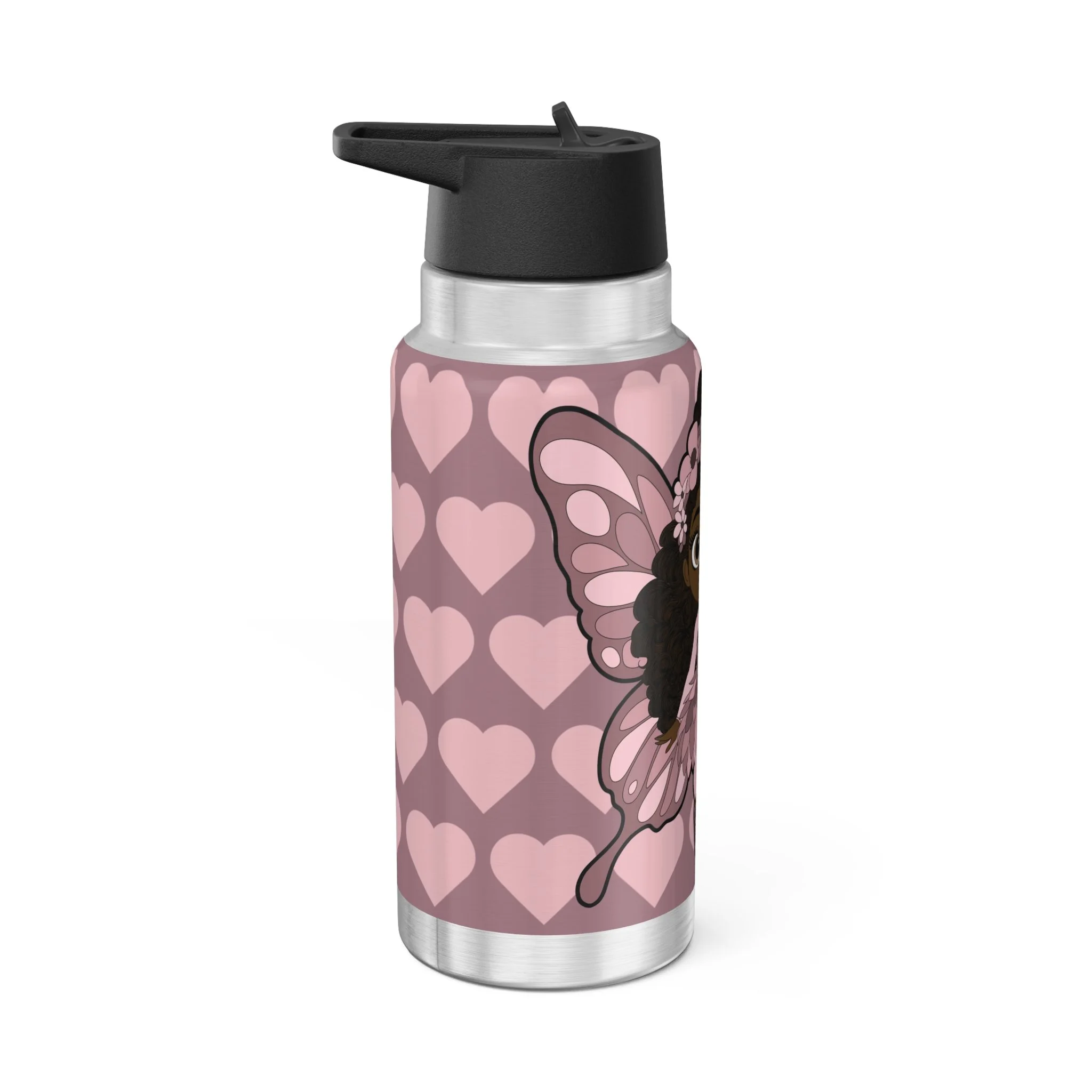 Penelope Pixie stainless steel water bottle with COCO PIXIES dusty rose heart pattern, 32oz tumbler
