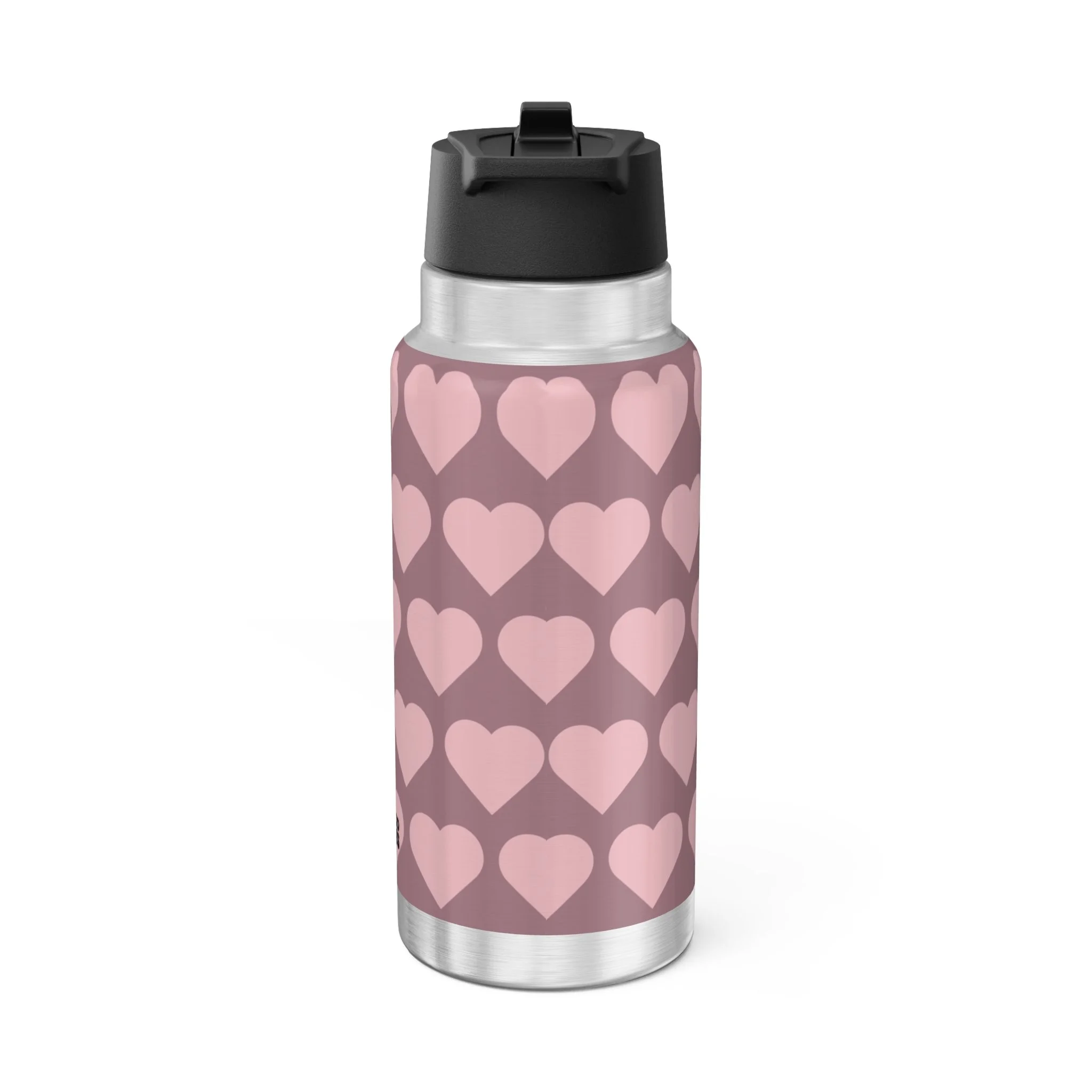 Penelope Pixie stainless steel water bottle with COCO PIXIES dusty rose heart pattern, 32oz tumbler
