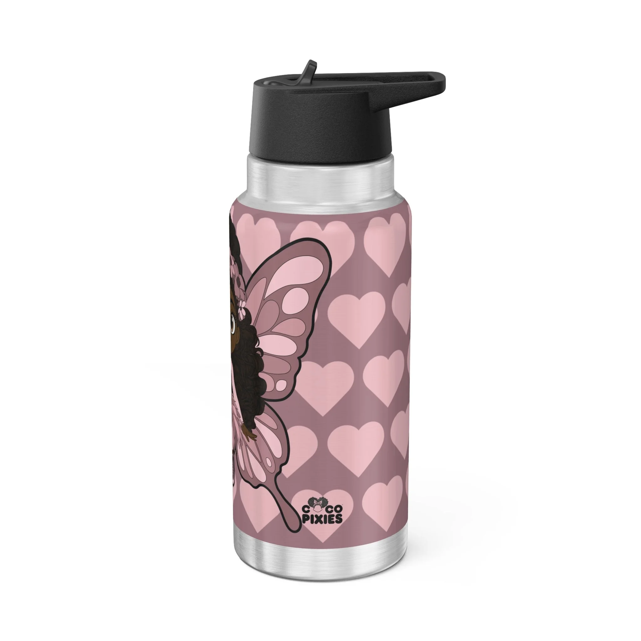 Penelope Pixie stainless steel water bottle with COCO PIXIES dusty rose heart pattern, 32oz tumbler