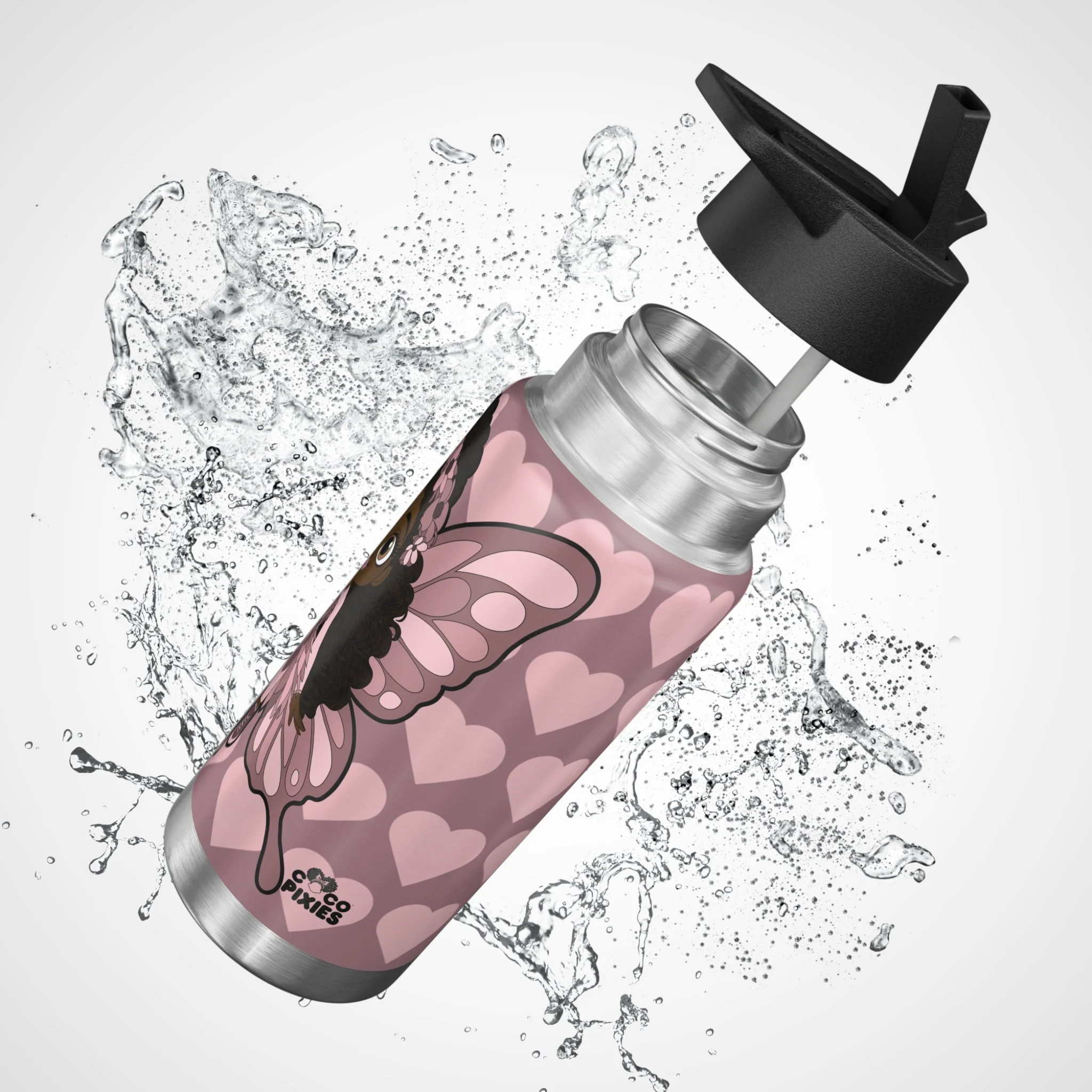 Penelope Pixie stainless steel water bottle with COCO PIXIES dusty rose heart pattern, 32oz tumbler