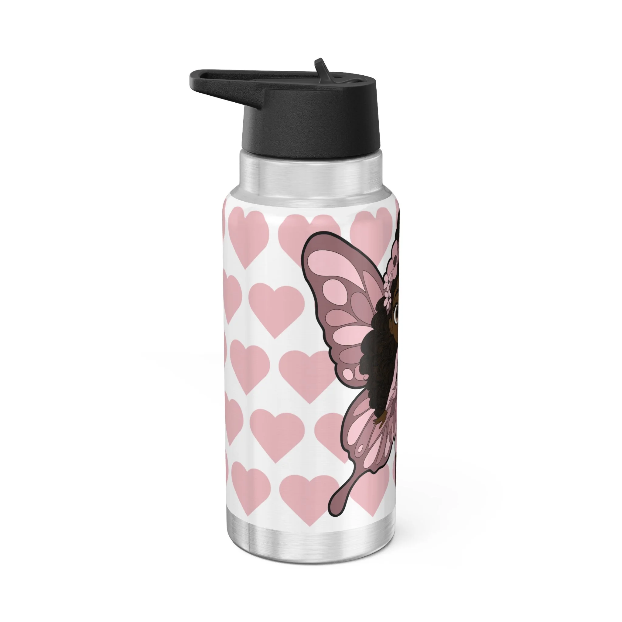 Penelope Pixie stainless steel water bottle with COCO PIXIES signature heart pattern, 32oz tumbler