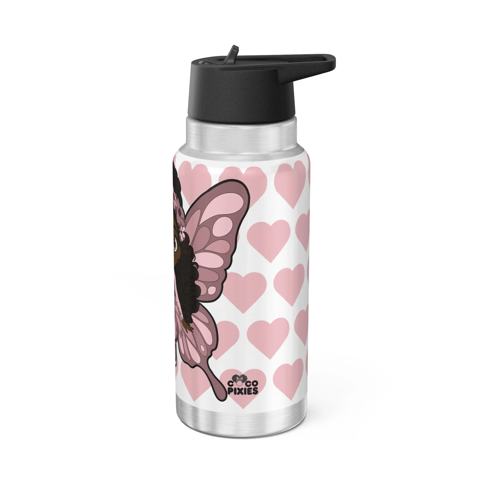 Penelope Pixie stainless steel water bottle with COCO PIXIES signature heart pattern, 32oz tumbler