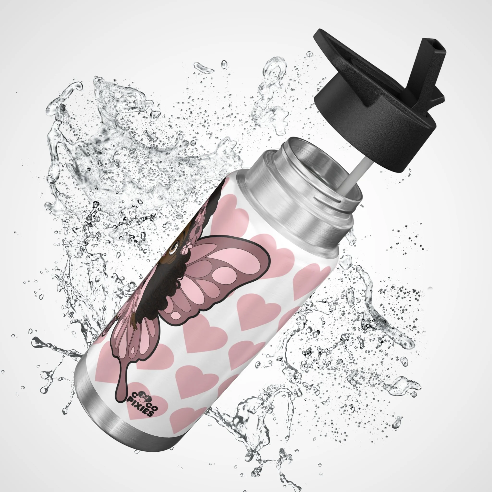 Penelope Pixie stainless steel water bottle with COCO PIXIES signature heart pattern, 32oz tumbler