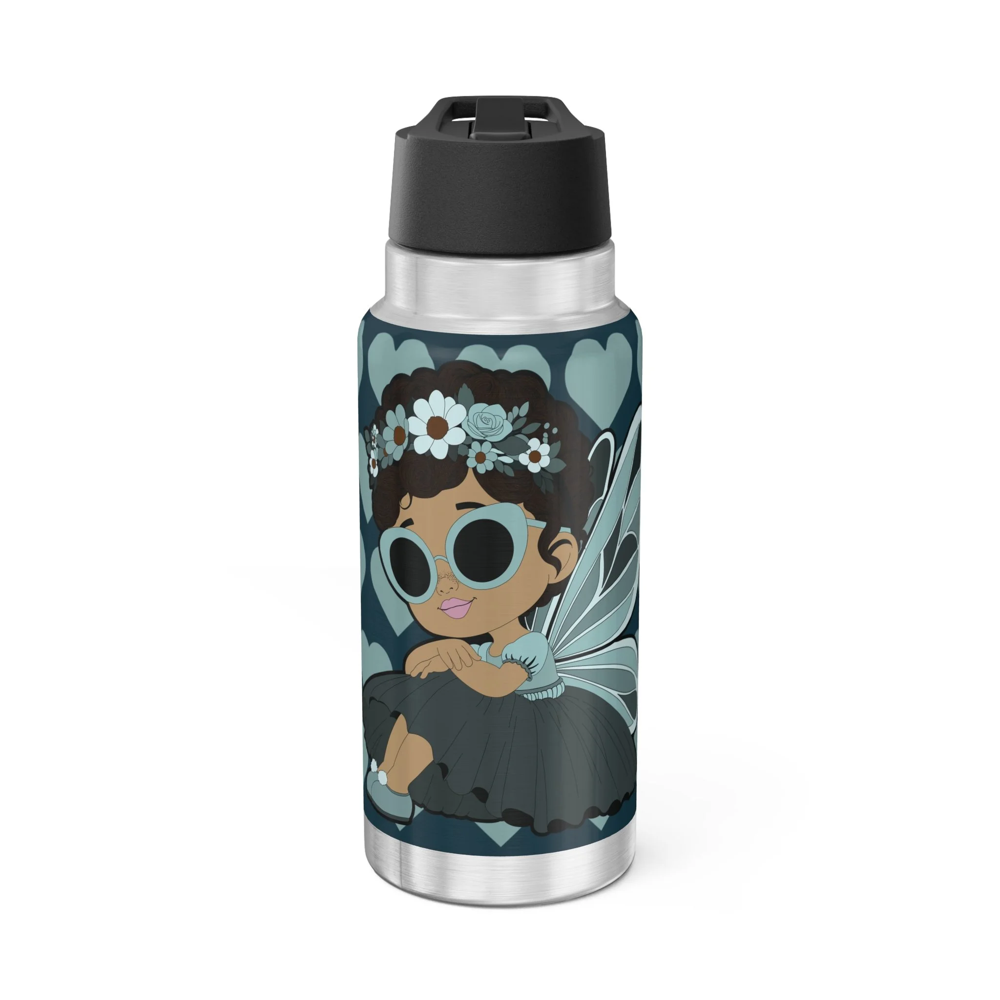 Pixie Piper Stainless Steel Water Bottle - Coco Pixies Aqua Teal Signature Heart Pattern 32oz Tumbler