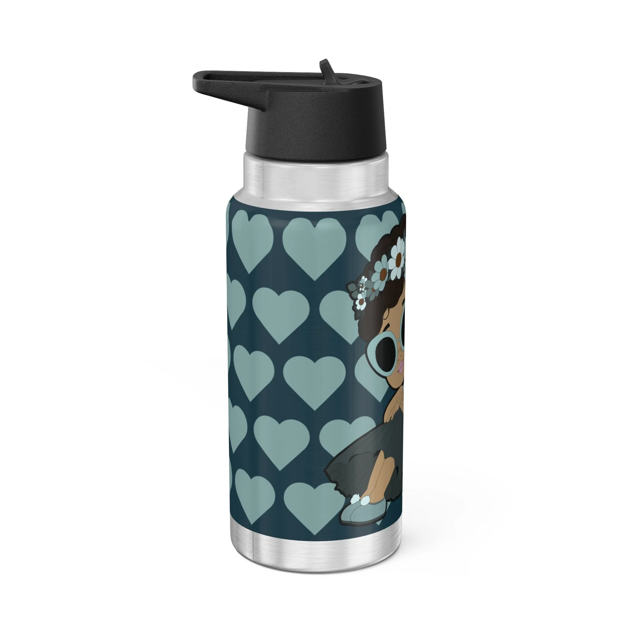 Pixie Piper stainless steel water bottle with aqua teal COCO PIXIES signature heart pattern, 32oz tumbler