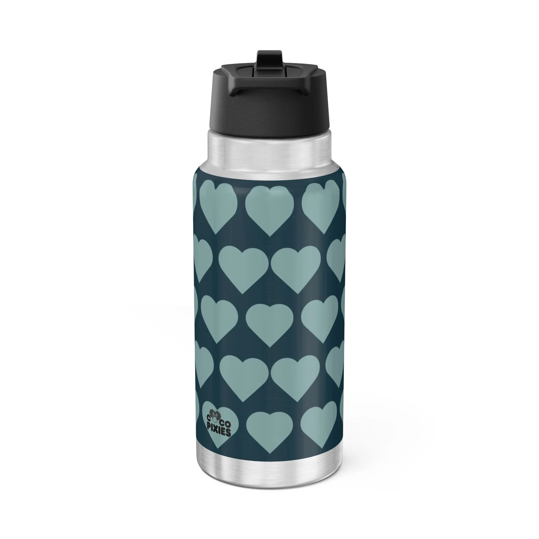 Pixie Piper stainless steel water bottle with aqua teal COCO PIXIES signature heart pattern, 32oz tumbler