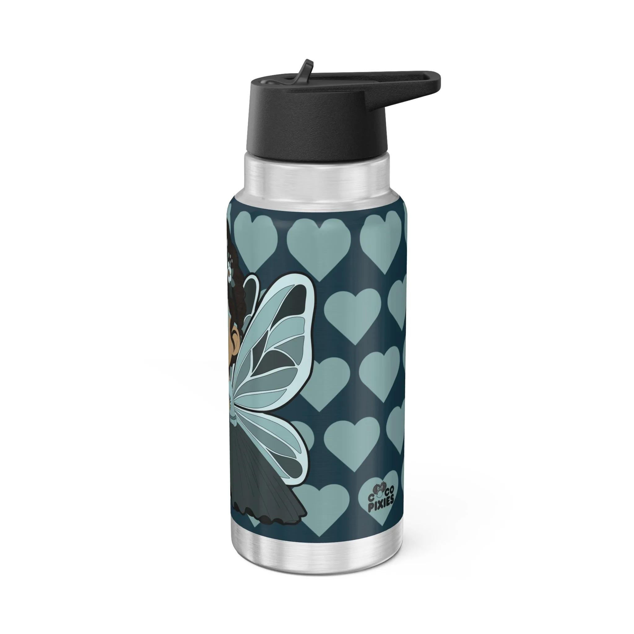 Pixie Piper stainless steel water bottle with aqua teal COCO PIXIES signature heart pattern, 32oz tumbler