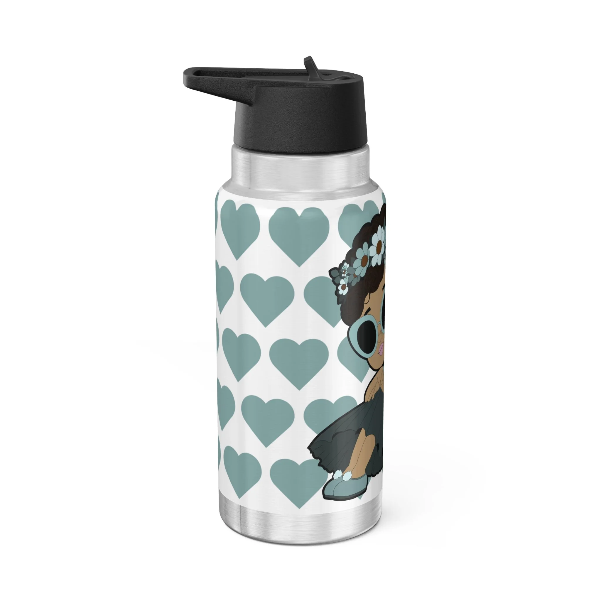Pixie Piper stainless steel water bottle with COCO PIXIES signature heart pattern, 32oz tumbler