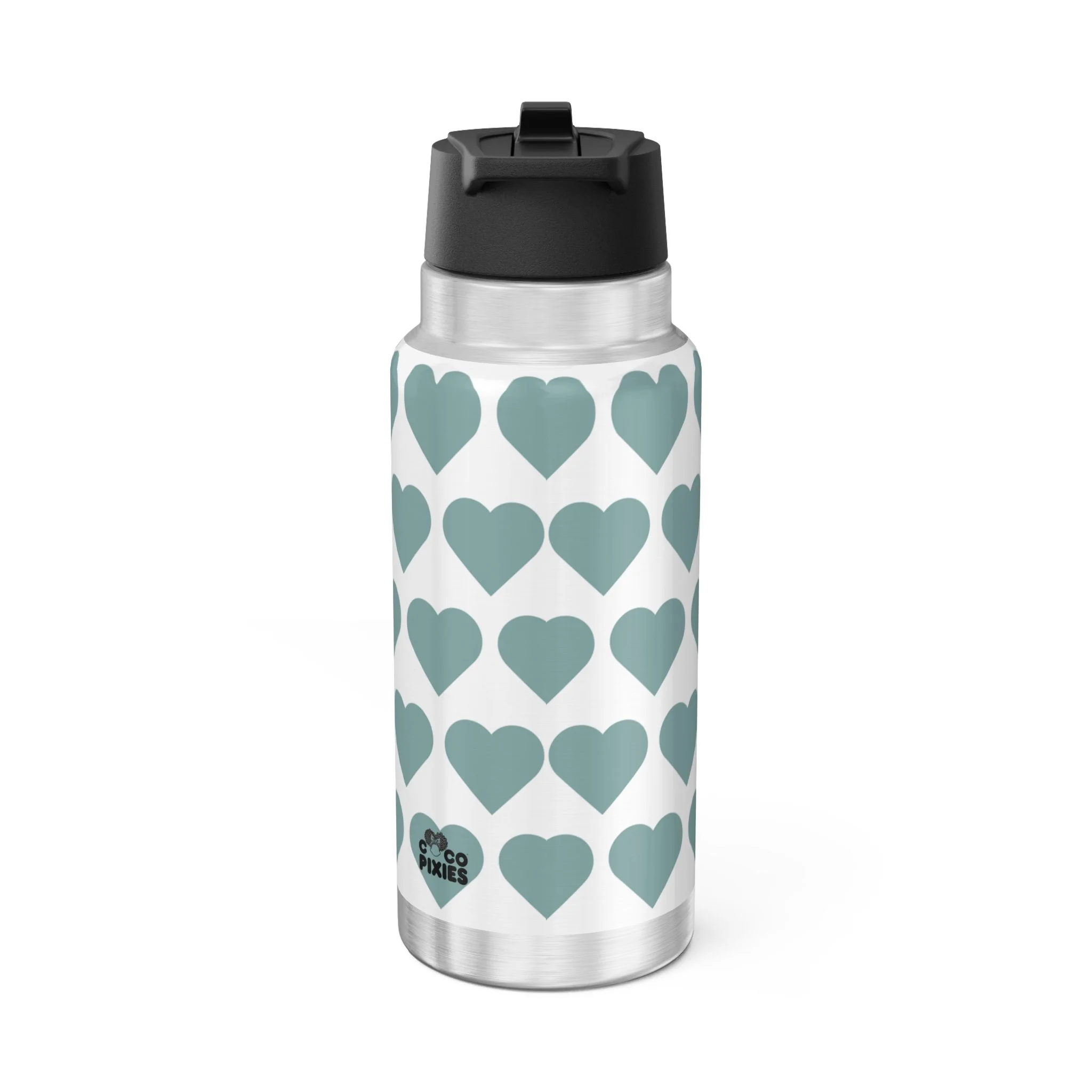 Pixie Piper stainless steel water bottle with COCO PIXIES signature heart pattern, 32oz tumbler