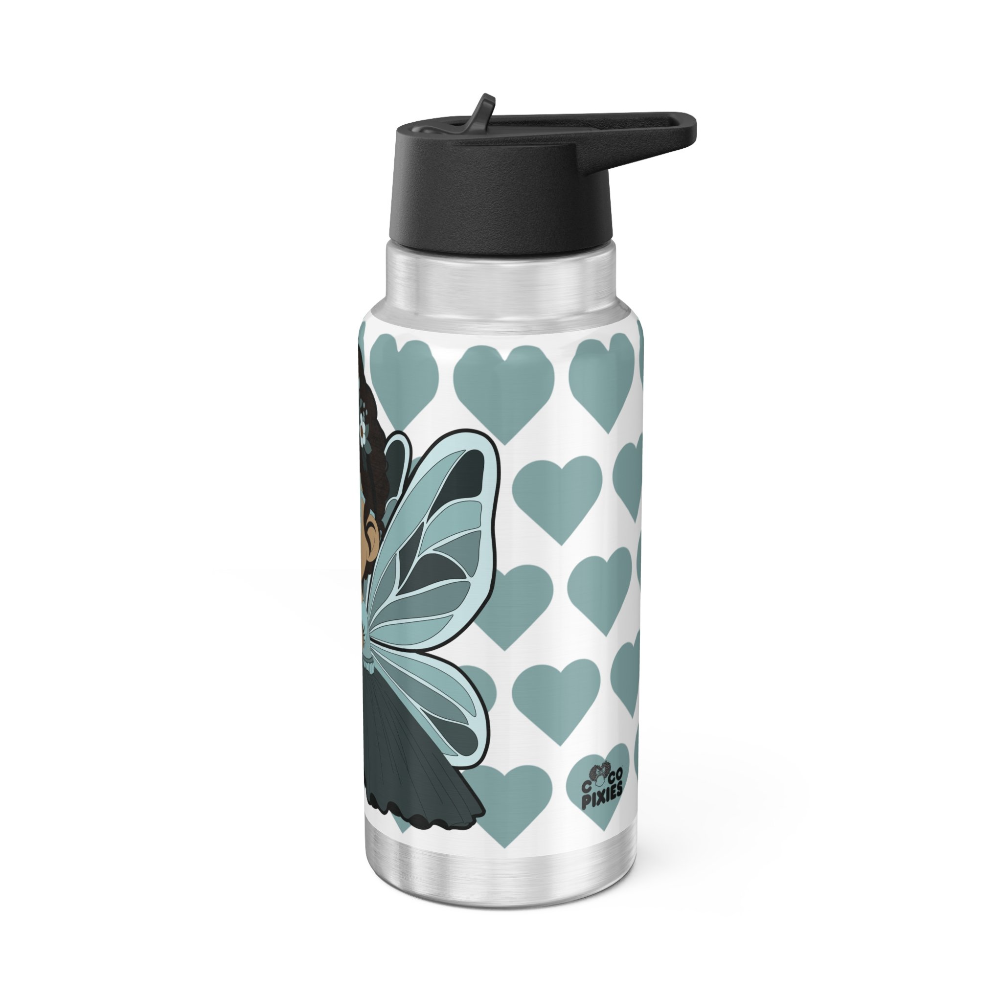 Pixie Piper stainless steel water bottle with COCO PIXIES signature heart pattern, 32oz tumbler