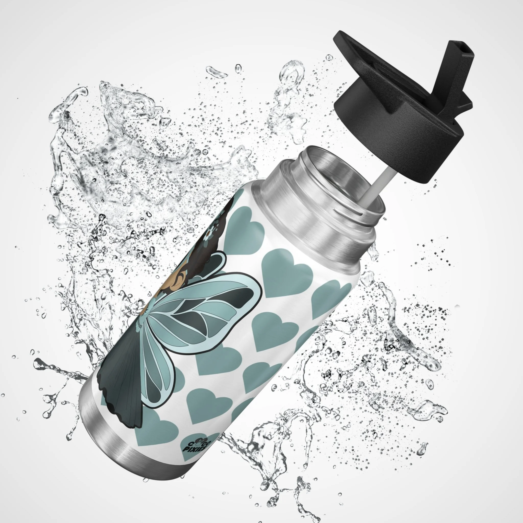 Pixie Piper stainless steel water bottle with COCO PIXIES signature heart pattern, 32oz tumbler