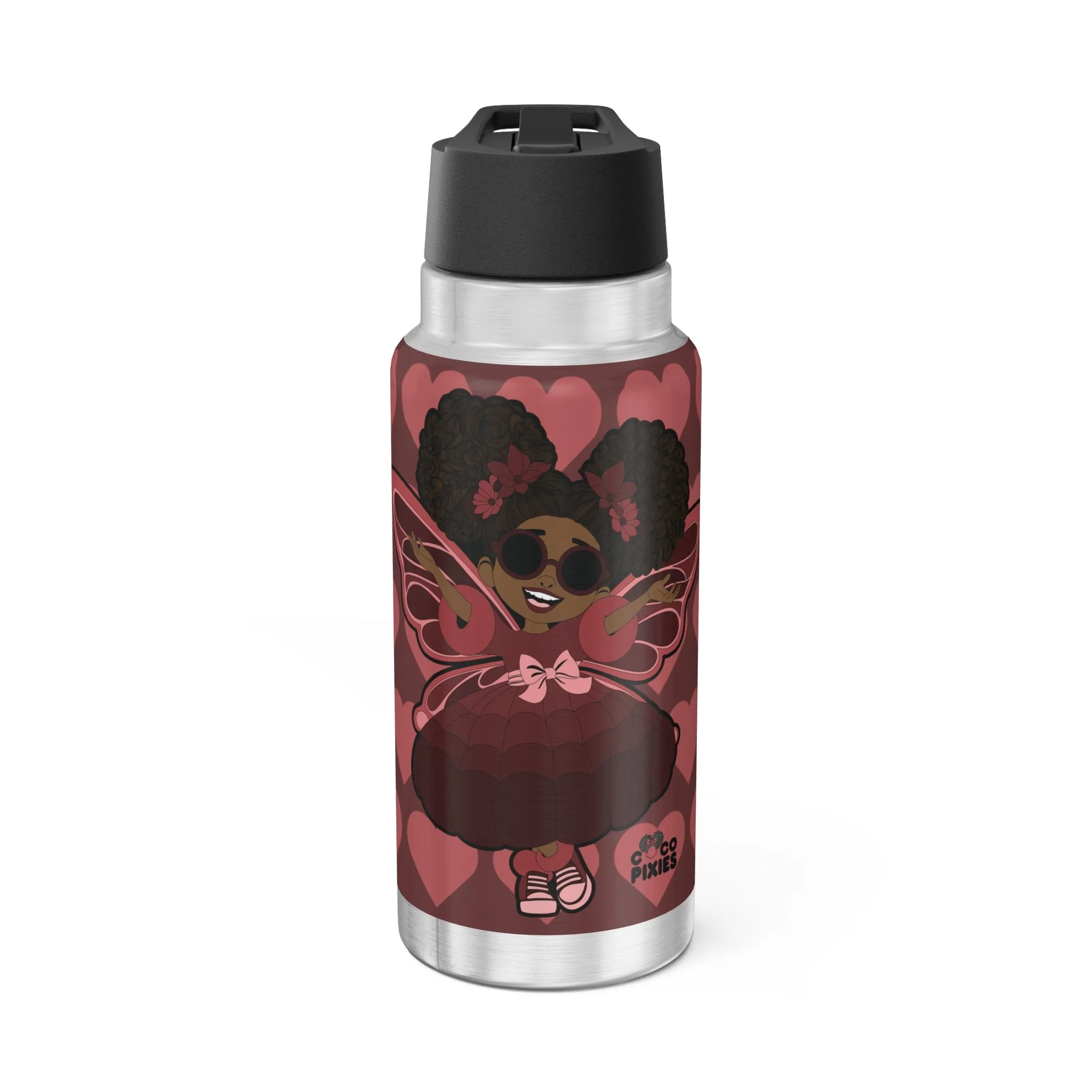 Radiant Ruby Pixie Stainless Steel Water Bottle - Coco Pixies Burgundy Signature Heart Pattern 32oz Tumbler