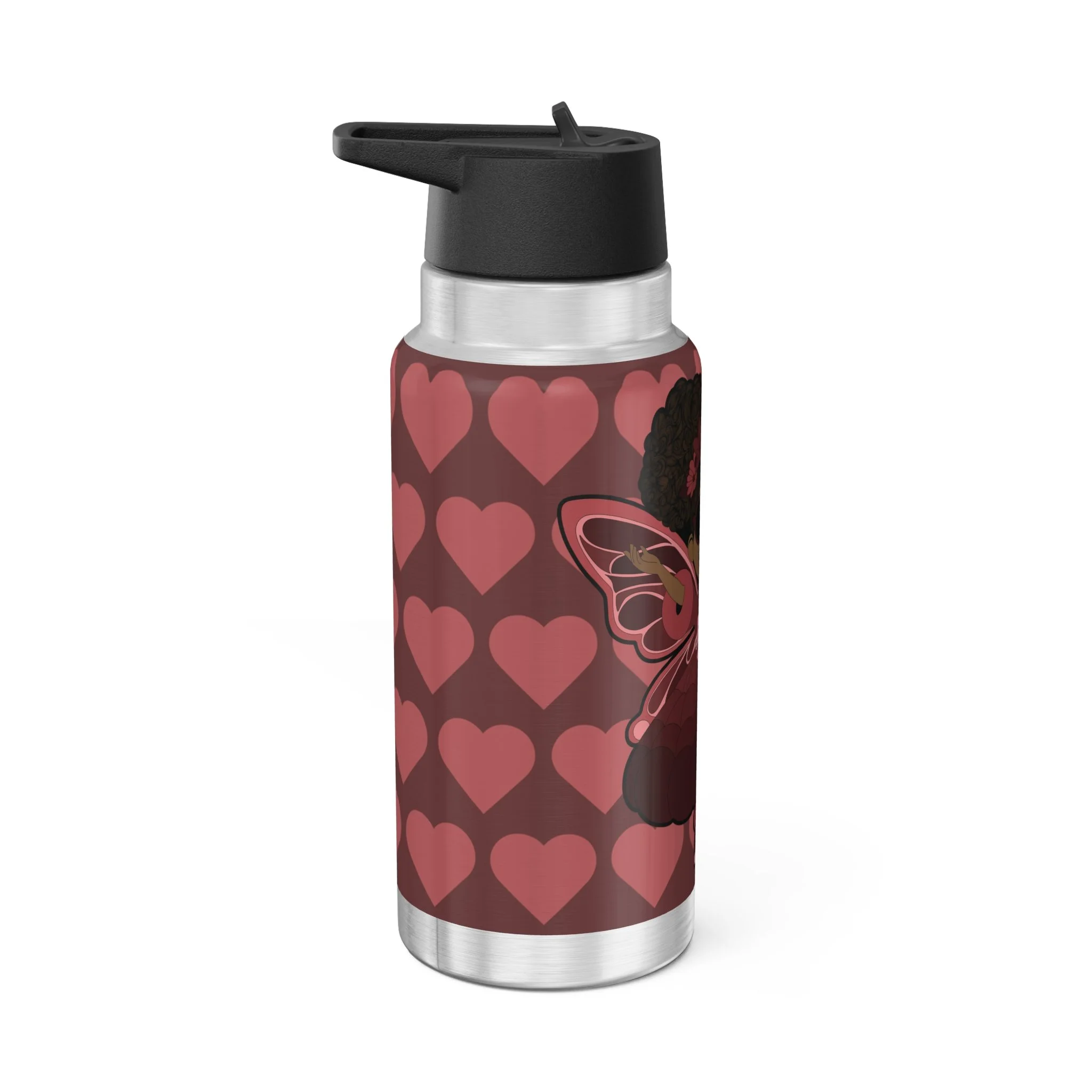 Radiant Ruby Pixie stainless steel water bottle with COCO PIXIES burgundy heart pattern, 32oz tumbler, black lid and silver trim